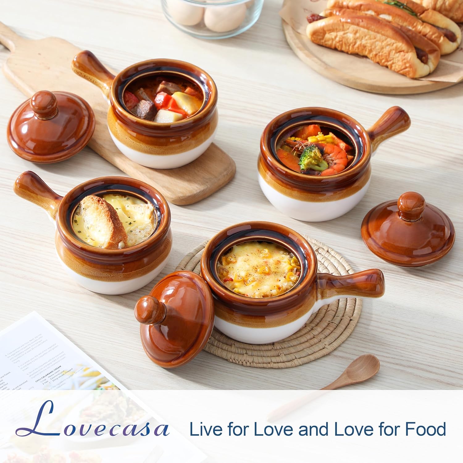 Detalle 2 de LOVECASA 16 oz French Onion Soup Crocks with Lids (Set of 4) – porcelain soup bowls with extended handle