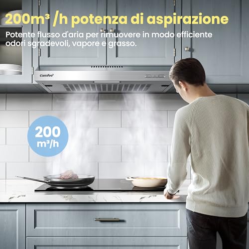Detalle de COMFEE Cappa Aspirante 60 cm Sottopensile 200 m³/h, 3 Velocità, Argento