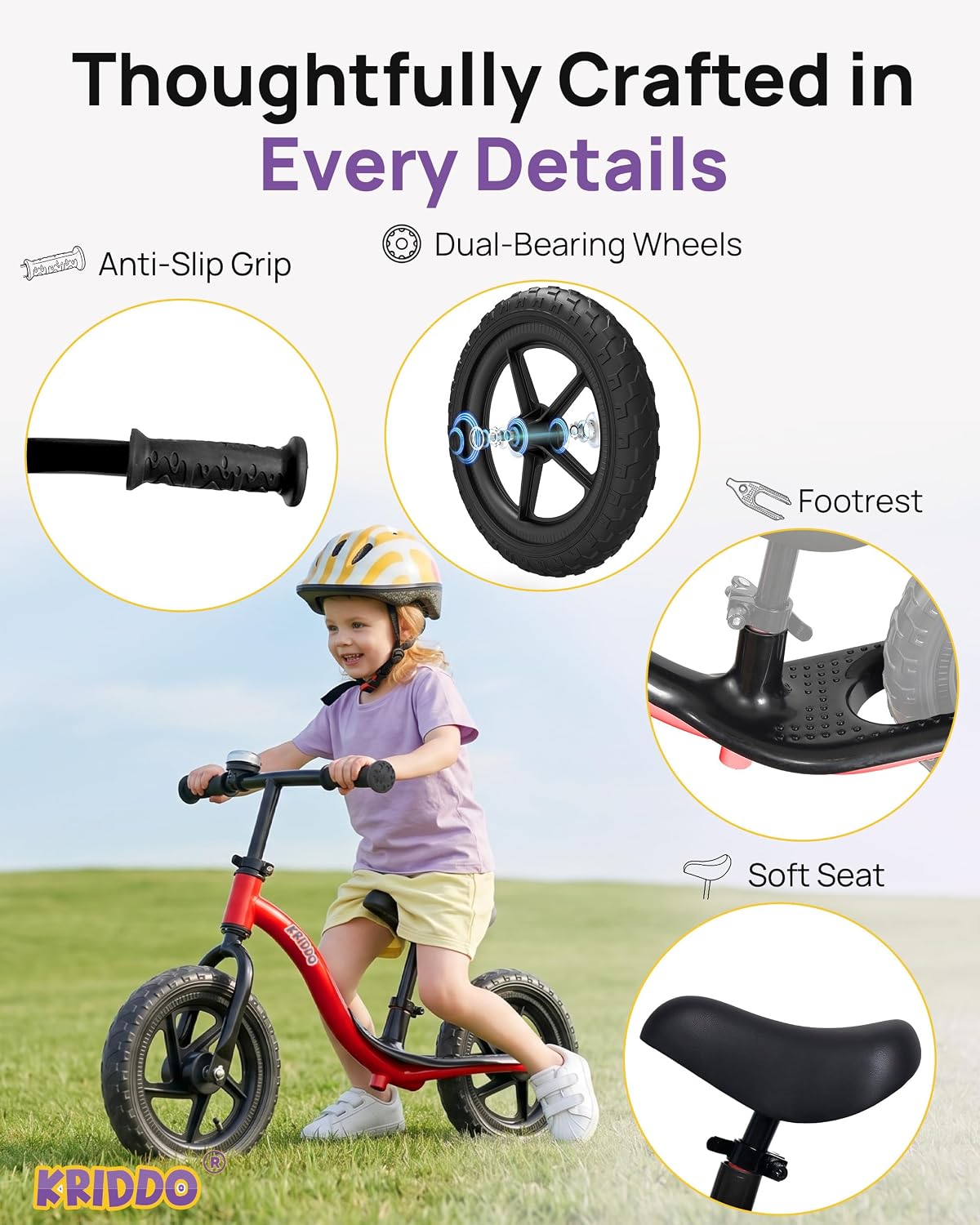 Thumbnail 4 de KRIDDO Toddler Balance Bike: Fun, Safe First Bike for Ages 2–5 (Red)