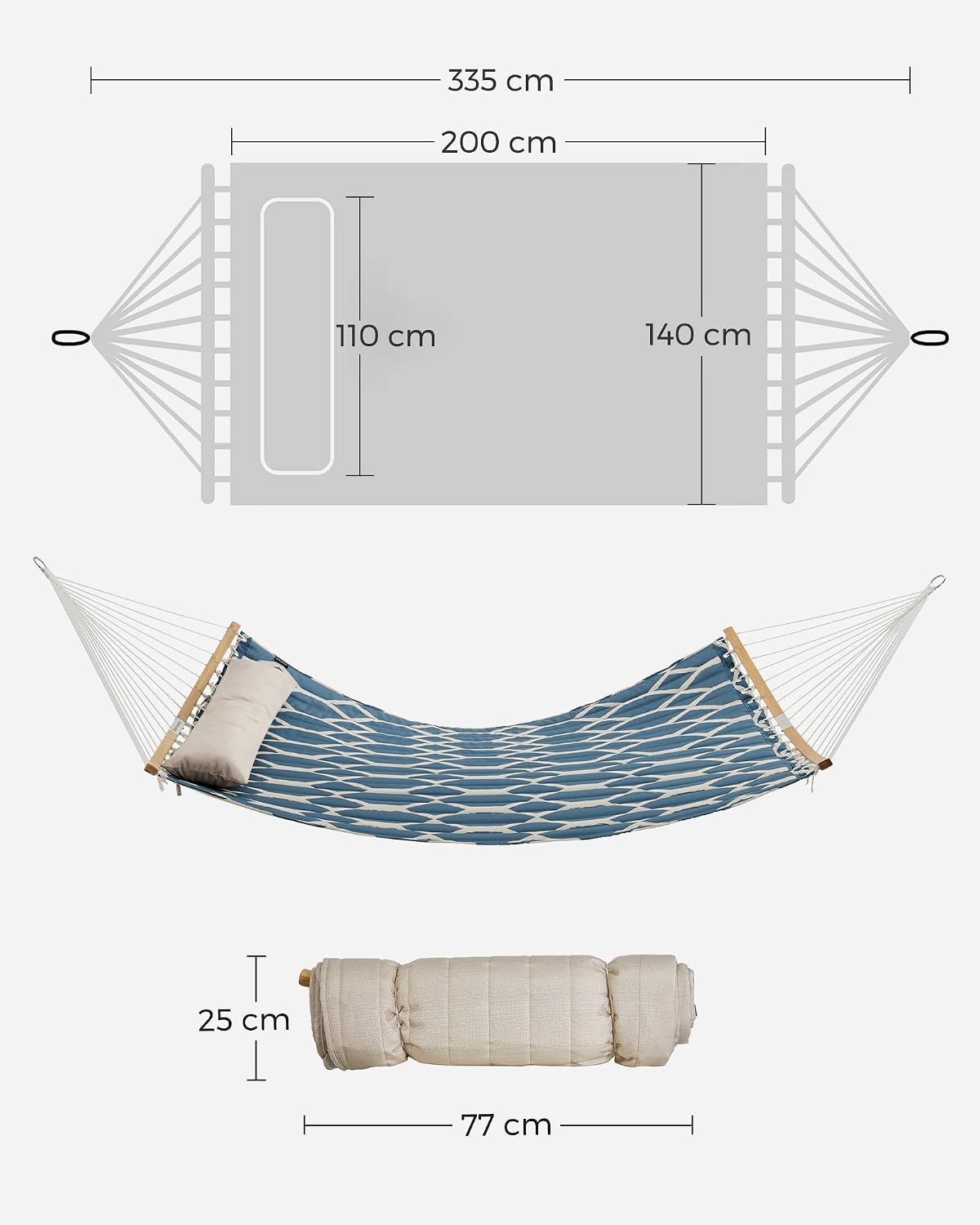 Detalle 2 de SONGMICS hamak pikowany 200 × 140 cm z bambusowymi drążkami, niebiesko-beżowy