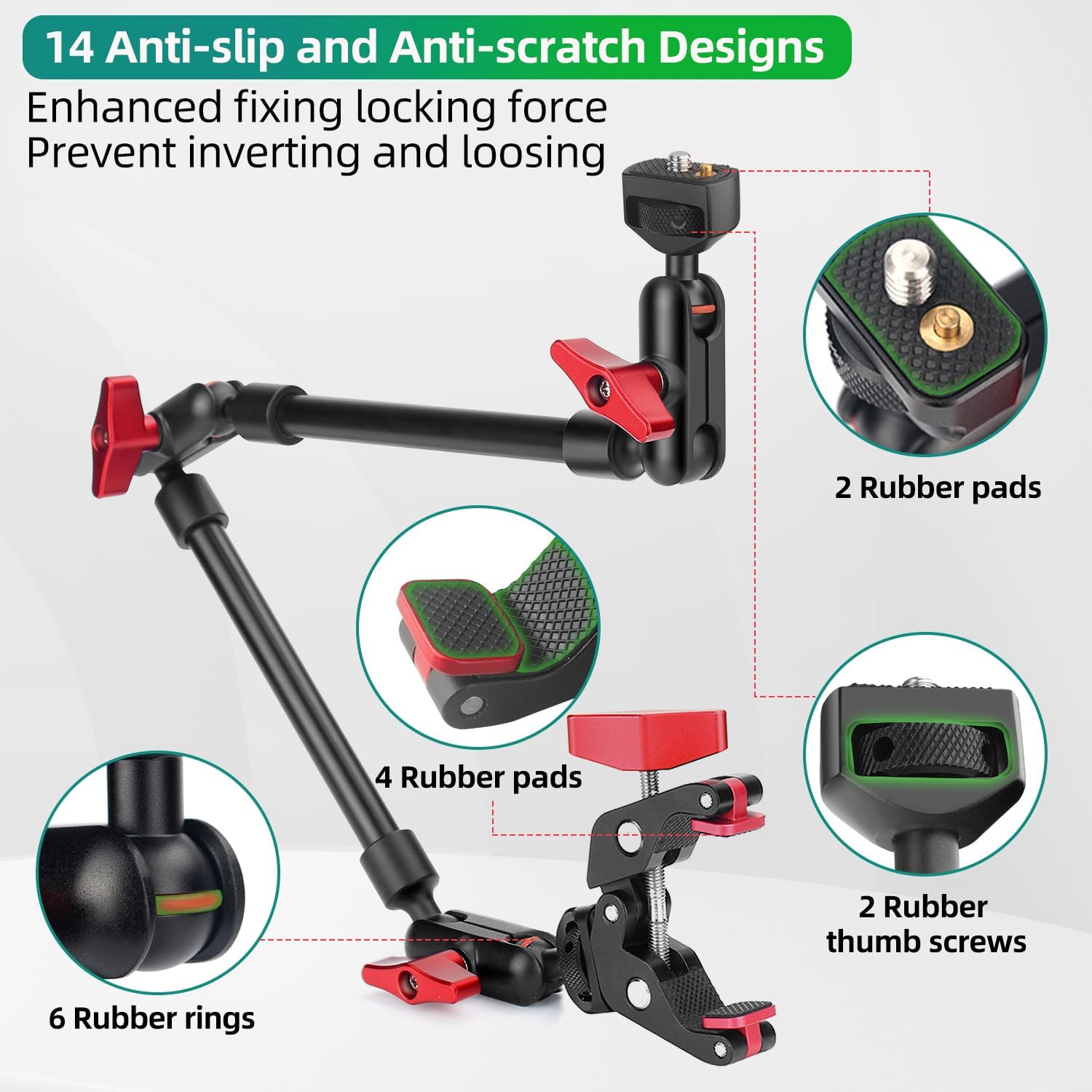 Thumbnail 3 de JEBUTU 56 cm Magic Arm mit Super Clamp, 360° flexibler Tischhalter mit 1/4"-Gewinde – schwarz/rot