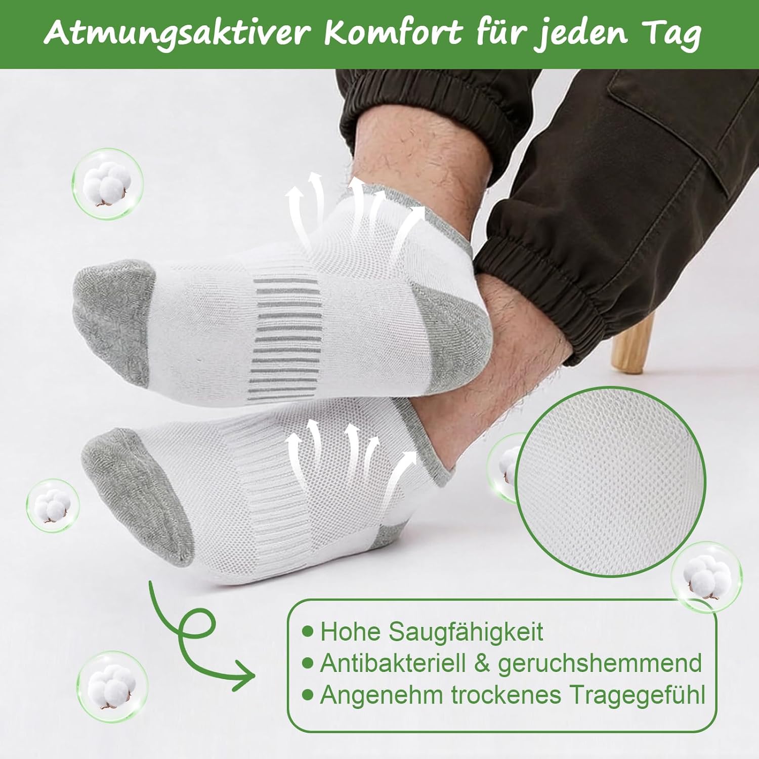 Thumbnail 3 de Quoboquo Chaussettes Homme de sport en coton bicolores, respirantes et rembourrées – compression légère pour course, tennis, travail et loisirs (1 ou 6 paires, tailles 39-46)