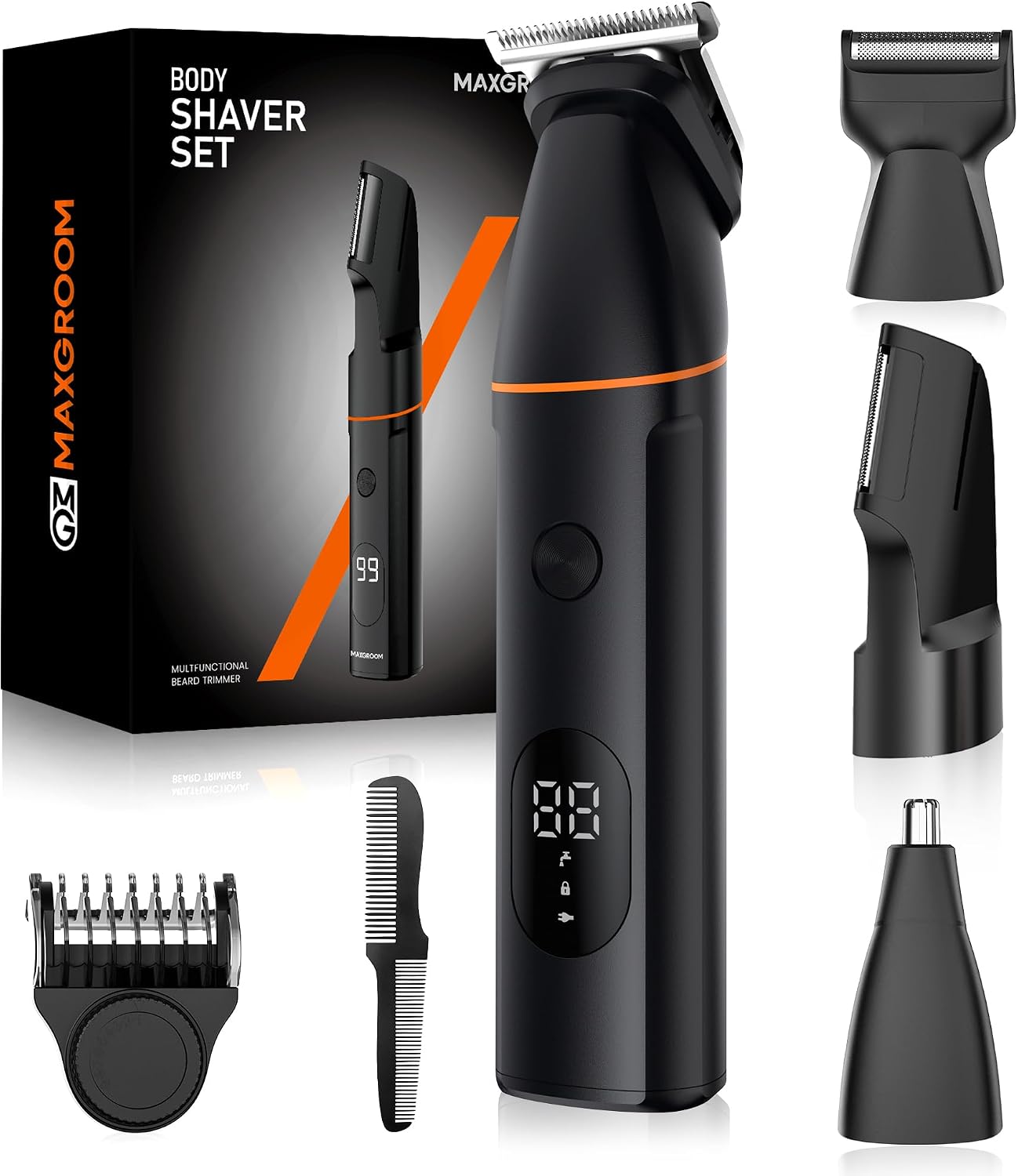 Detalle de MAXGROOM Intimrasierer Mann – 4-in-1 Rasierer für Intimbereich, Brust, Achseln und mehr (IPX6, LED-Anzeige)