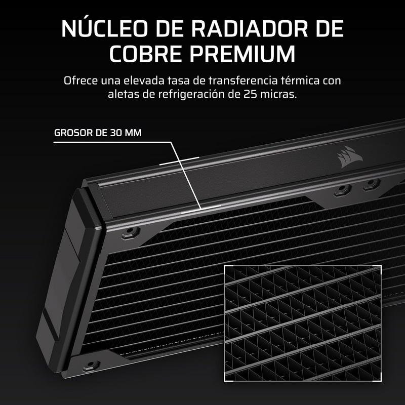 Detalle de Corsair Hydro X Series XR5 360mm: refrigeración líquida con 3 ventiladores y compatibilidad iCUE Link