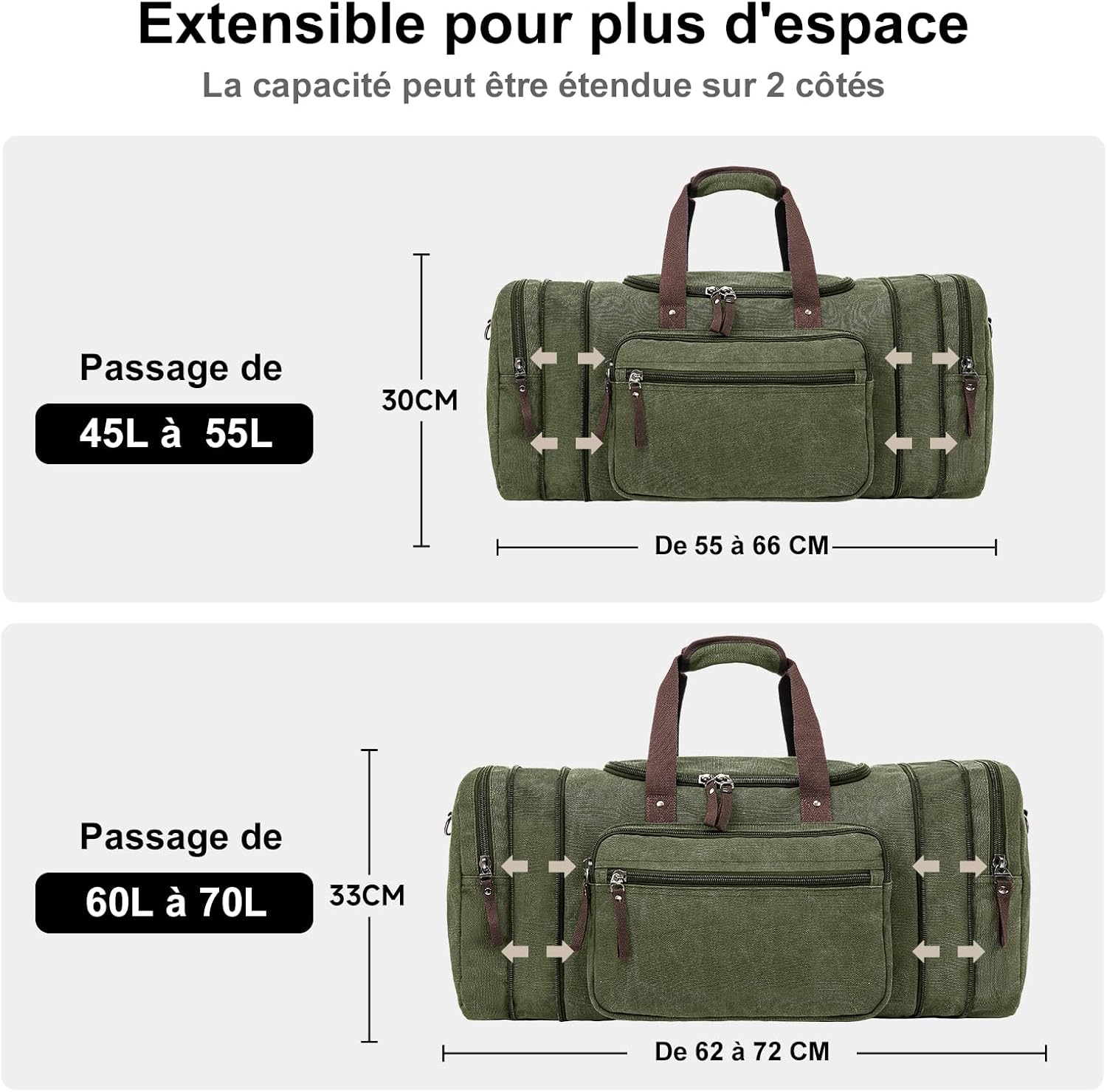 Detalle de EKOROMIER Grand sac de voyage en toile extensible 70 L (weekend & longs séjours)