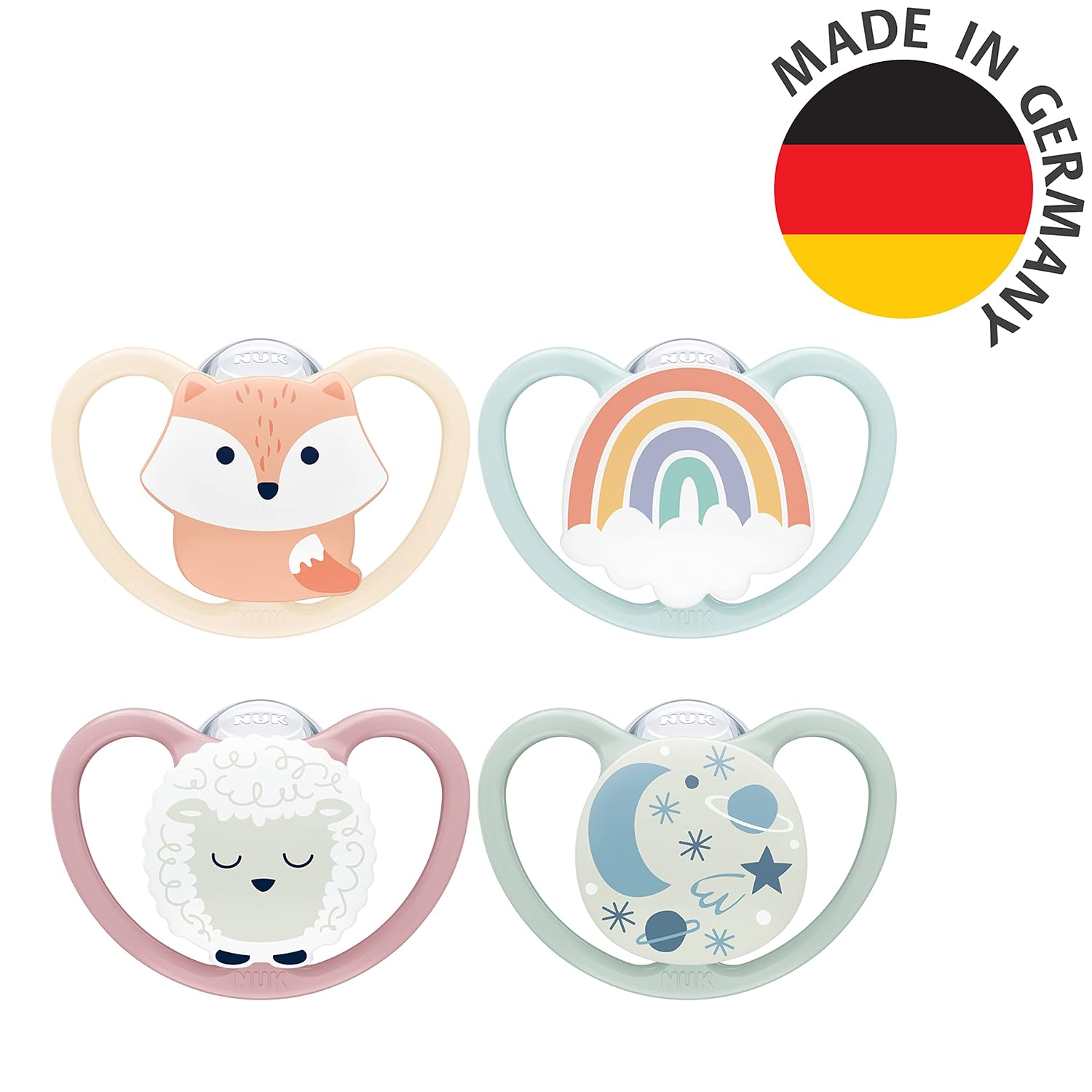 Thumbnail 6 de NUK Space Day & Night Babyschnuller (0–6 Monate) mit Leuchtknopf – 4er-Pack, Fuchs & Schaf