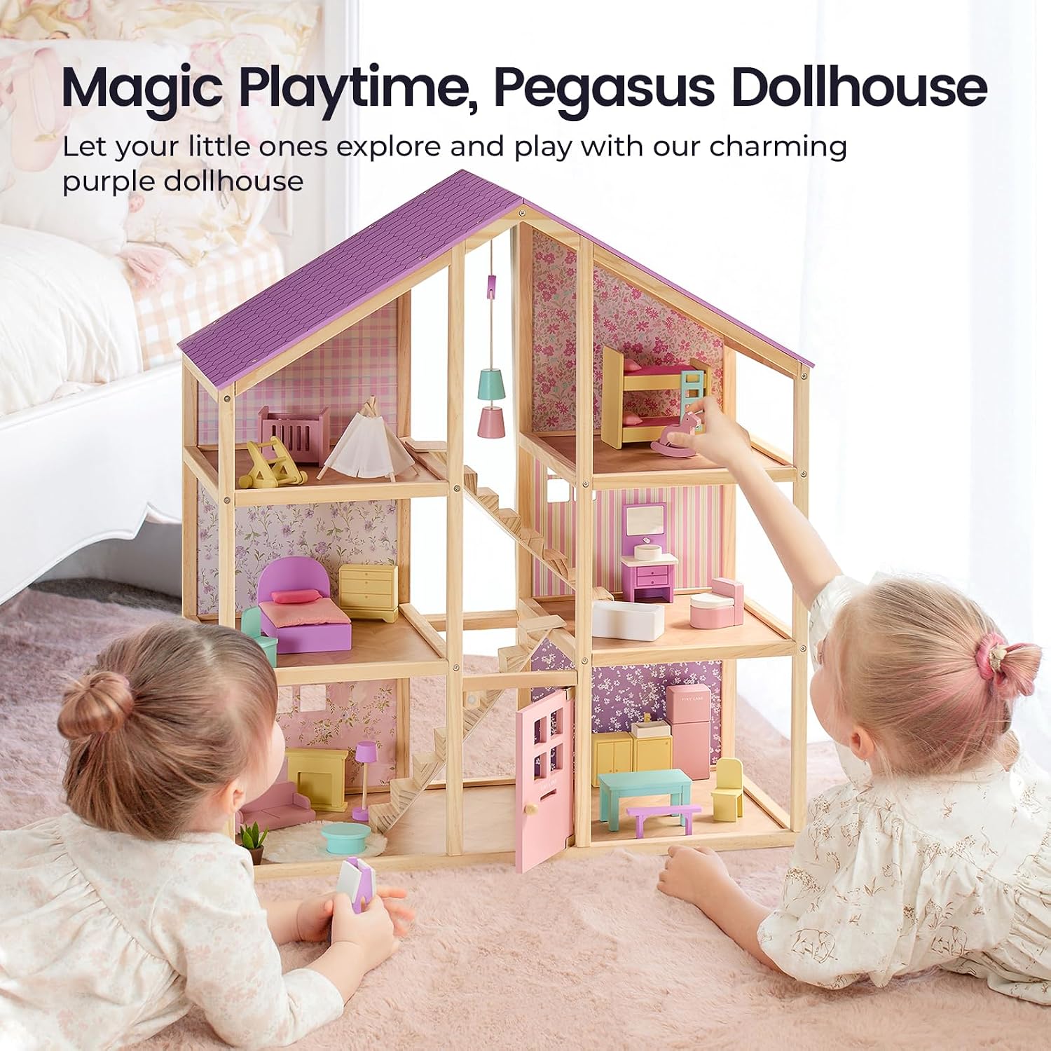Thumbnail 6 de Tiny Land Wooden Dollhouse for Girls - 6 Rooms with 31-Piece Furniture Set (Unicorn Purple)
