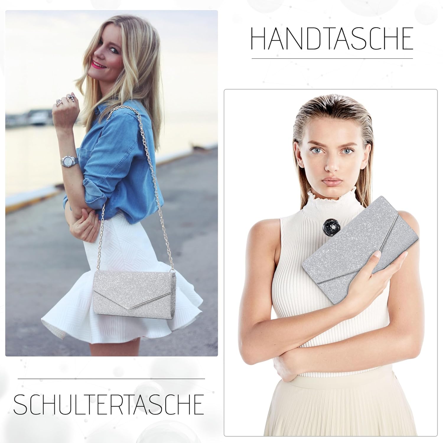 Detalle de Mooedcoe Glitzer Clutch Damen – Elegante silberne Abendtasche mit abnehmbarer Kette