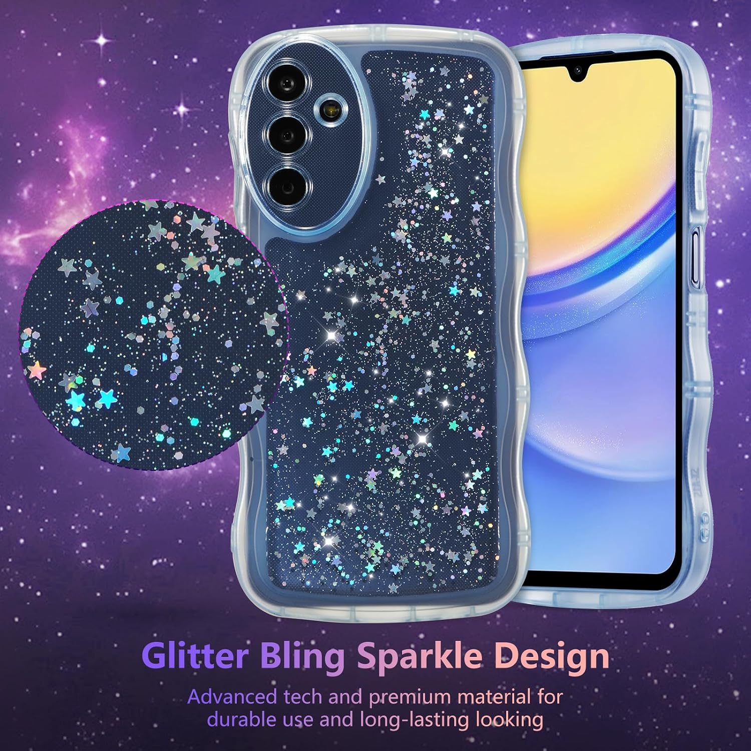 Thumbnail 1 de ZTOFERA Clear Curly Wave TPU Case for Samsung Galaxy A14 4G/5G (6.6-inch) – Blue Sparkle Star Glitter