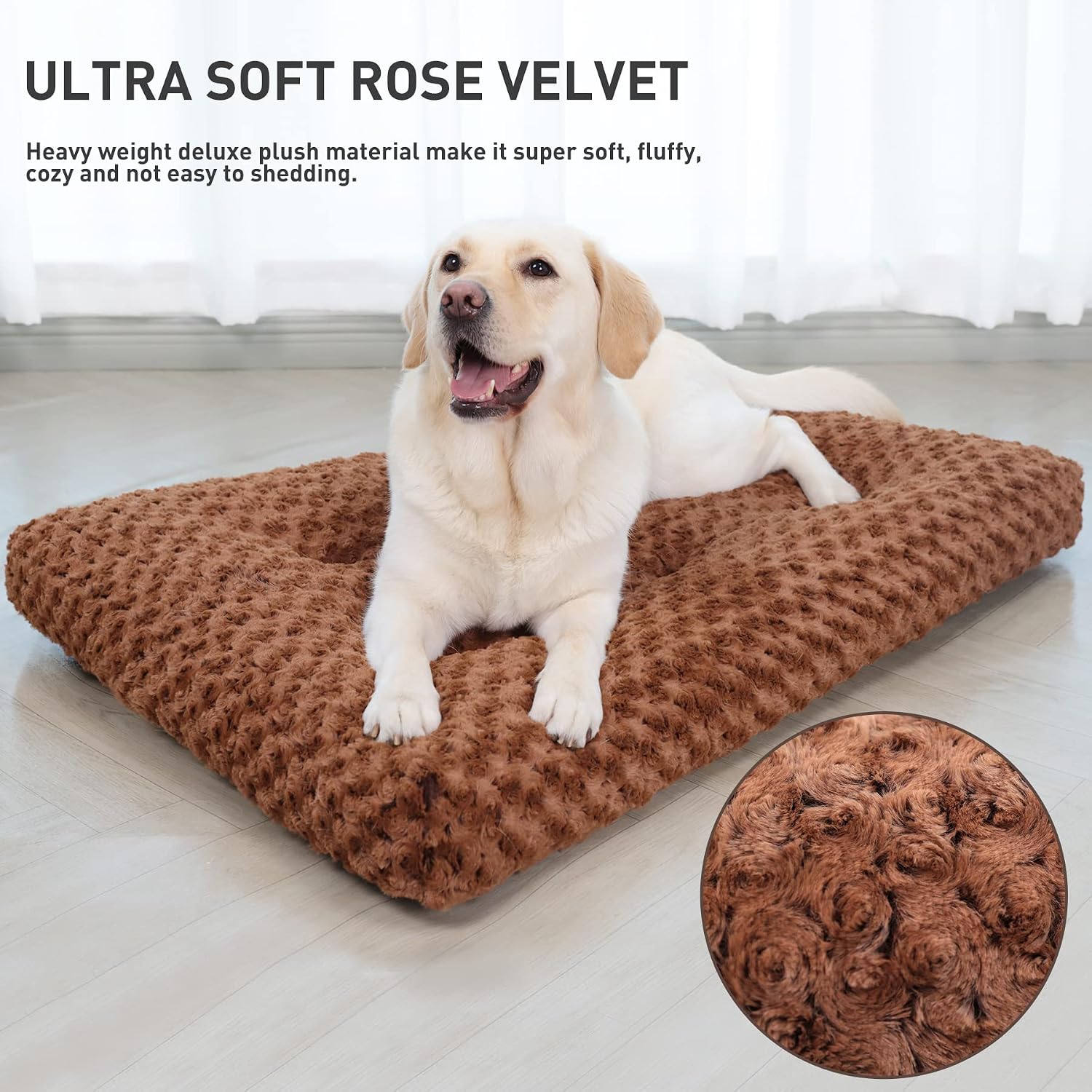 Detalle 2 de KSIIA GD005 Large Dog Crate Bed, 4-Inch Plush Velvet Mat, Brown