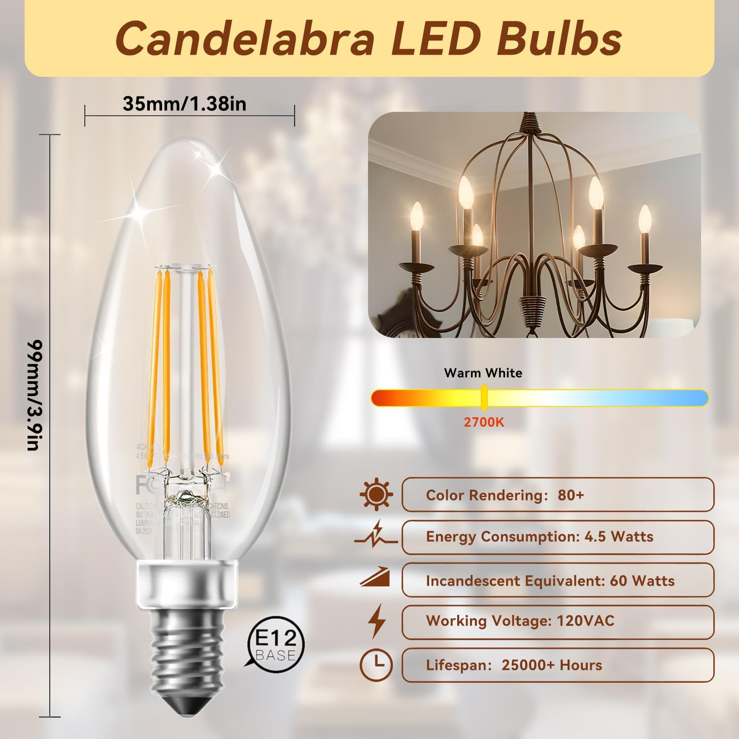 Detalle de TJOY B11 E12 LED Candelabra Bulbs, Dimmable 2700K, 12-Pack