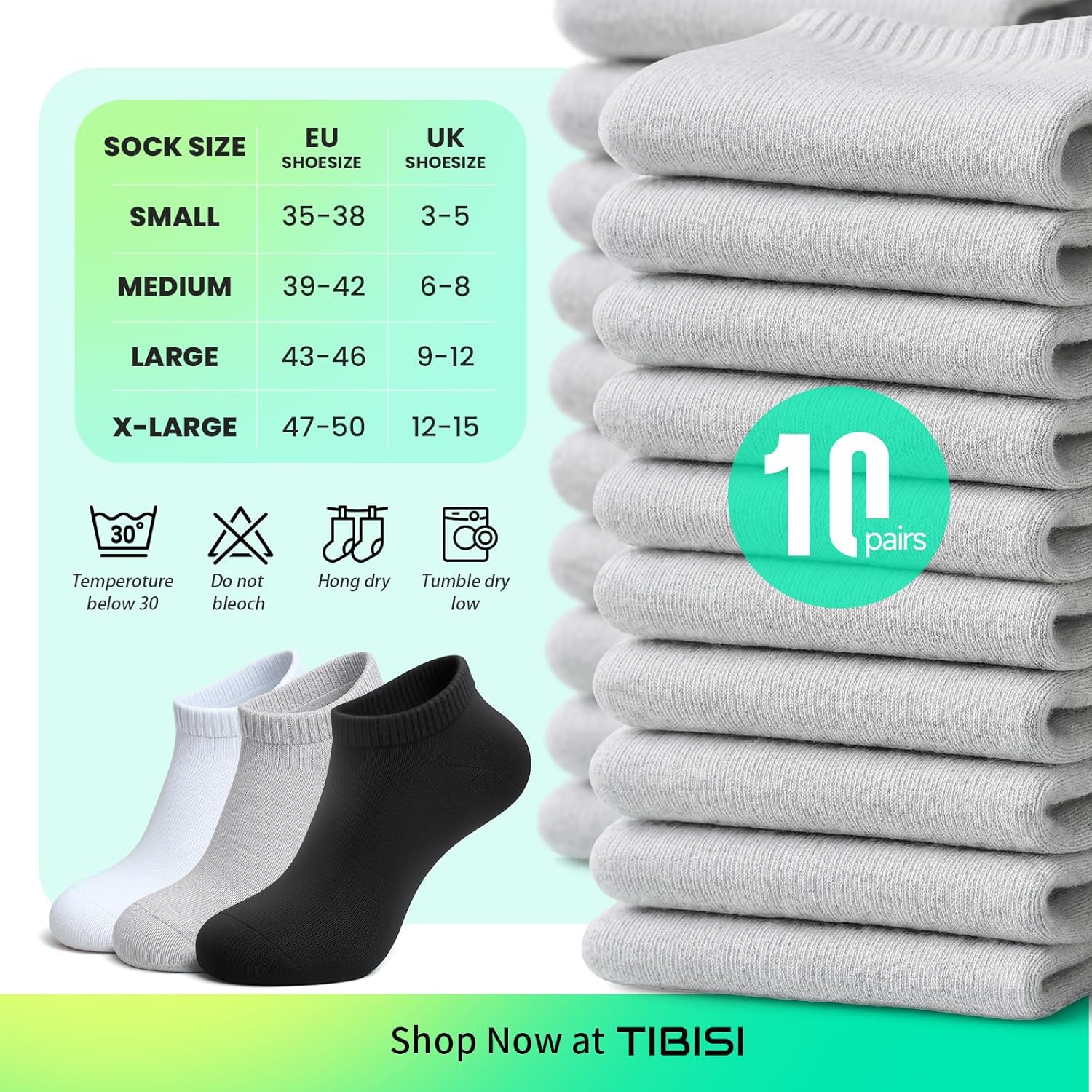 Thumbnail 6 de TIBISI trainer socks (ankle, breathable, low cut) – 10-pack in white/black/grey