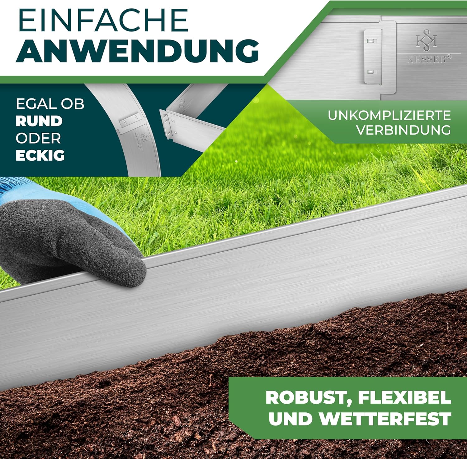 Thumbnail 4 de KESSER Rasenkante Beeteinfassung – Beetumrandung mit Handschuhen 10 m, 100 x 14 cm, Metall Palisade, Silber