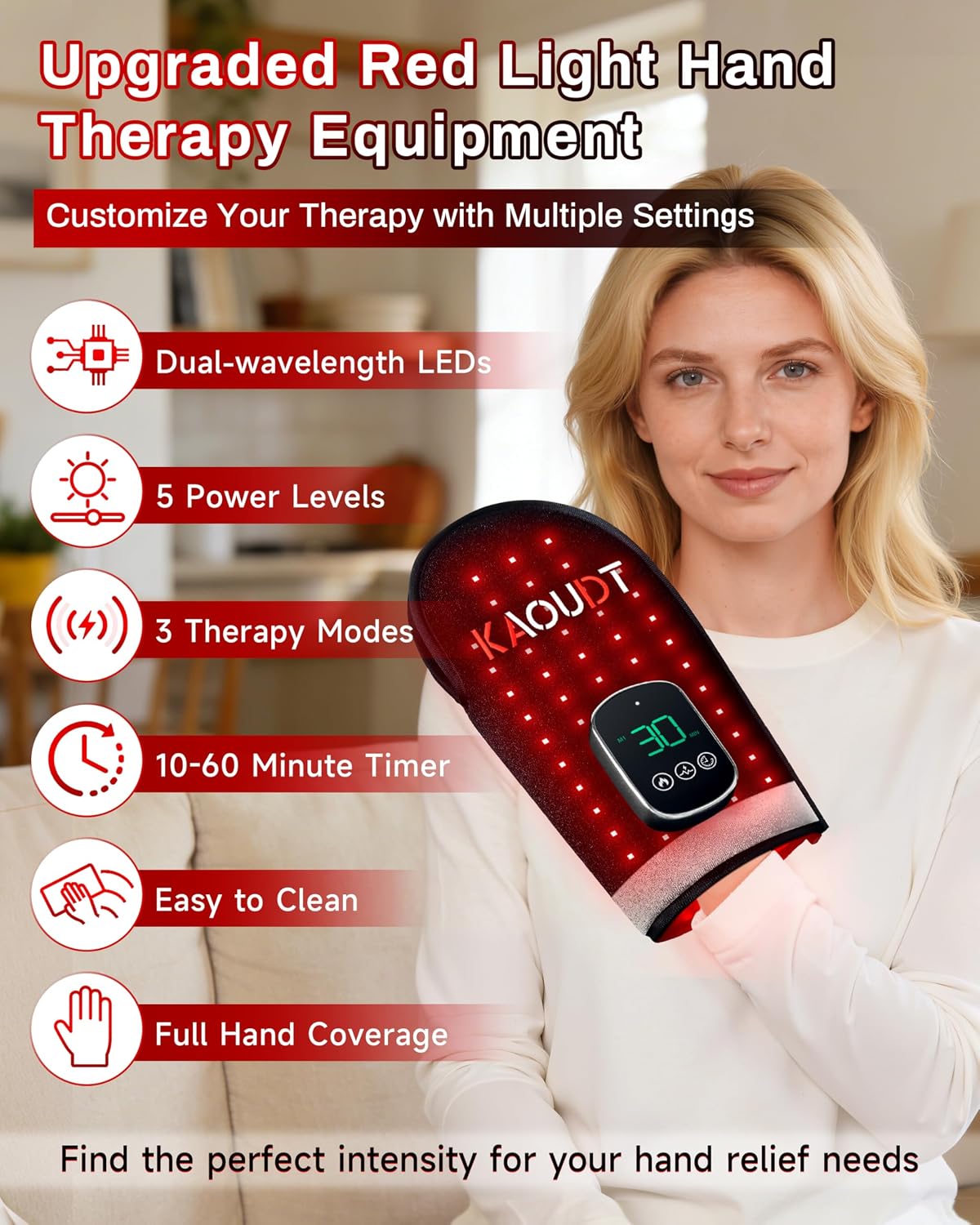Thumbnail 1 de Kaoudt Cordless Red Light Therapy Glove for Hand – 112 LEDs, 660nm/850nm, 5000mAh (Black)