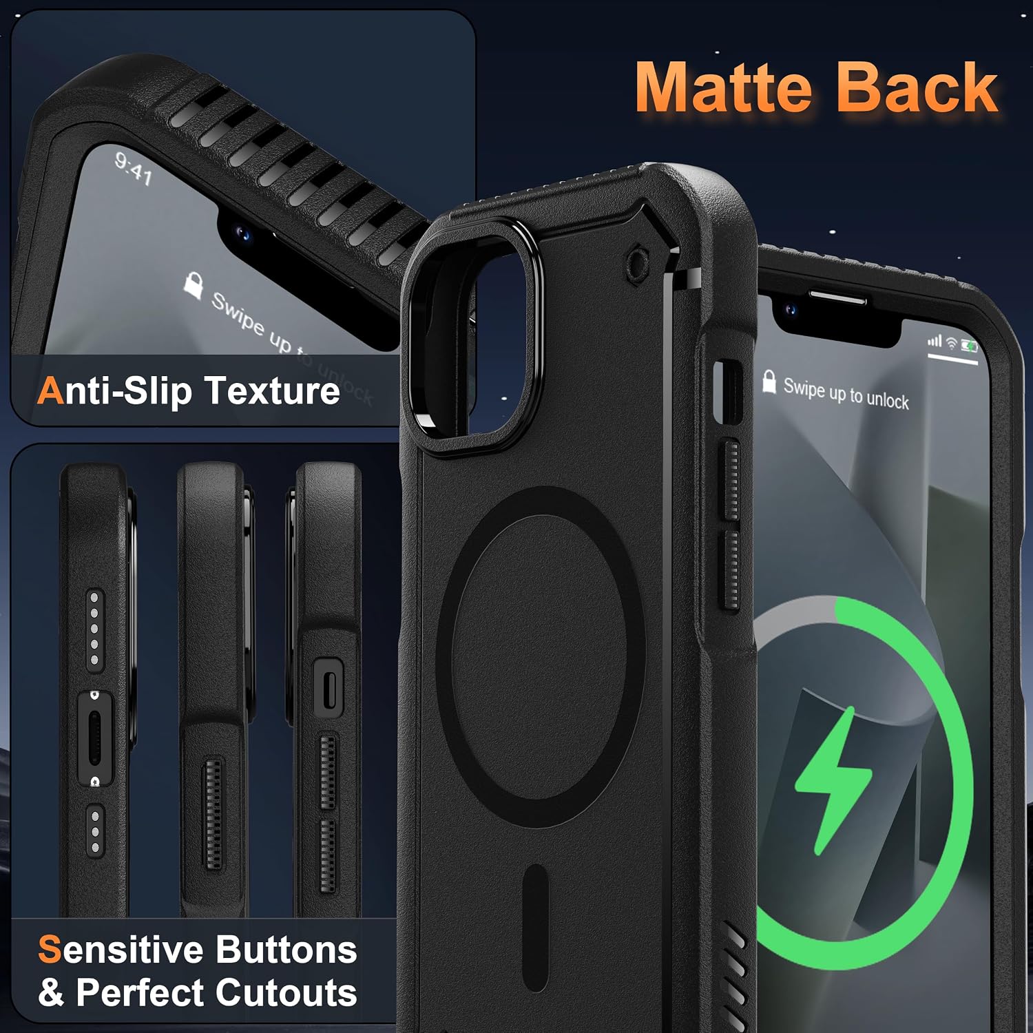 Detalle de ORETECH Magnetic Case for iPhone 14 with 2x 9H Tempered Glass Screen Protectors – 360° Rugged Black