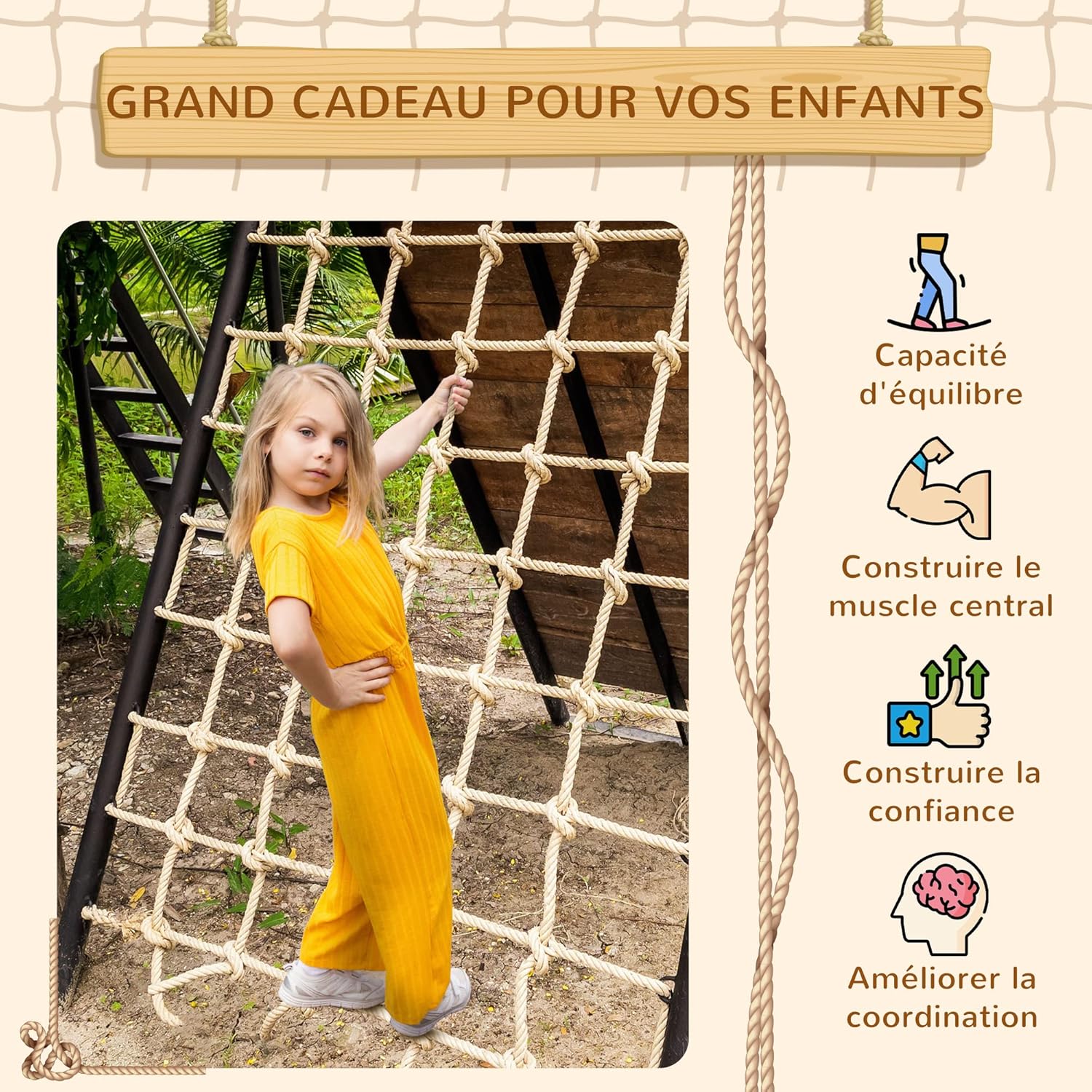 Detalle 2 de Outsunny filet d’escalade pour enfants 3-6 ans, filet décoratif en corde PE (1,5 x 2 m) – marron