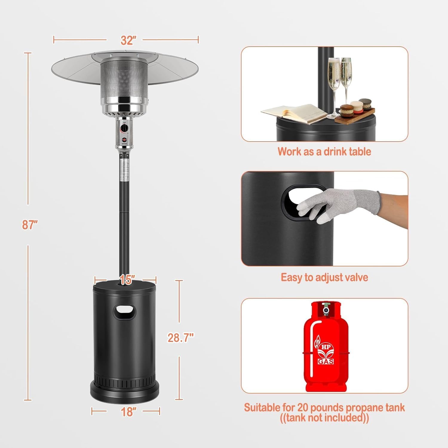 Thumbnail 6 de Hykolity WHC-0318 50,000 BTU Propane Patio Heater with Stainless Steel Burner