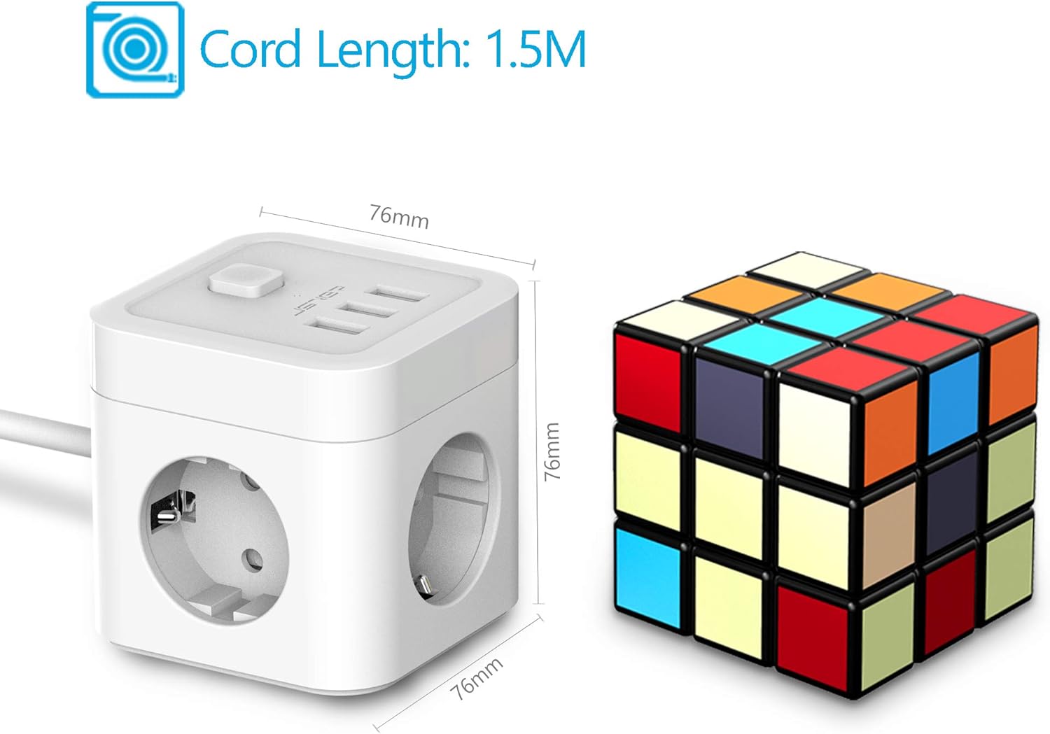 Thumbnail 3 de JSVER Steckdosenleiste 3-fach mit USB (Würfel Mehrfachsteckdose, 3680 W/16 A, 1,5 m Kabel) – 3 USB-Lader bis 15,5 W
