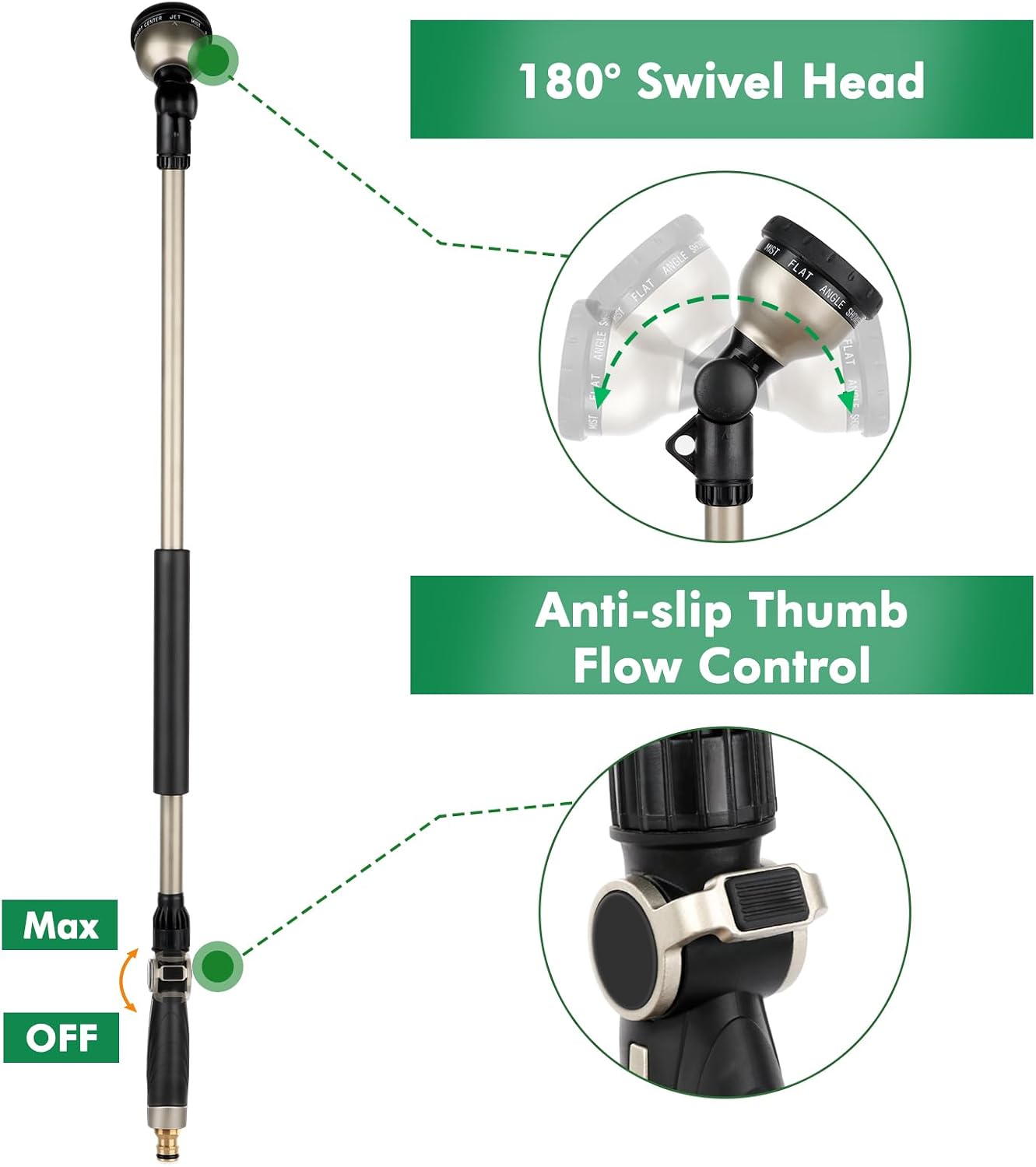 Detalle de RESTMO Watering Lance Heavy Duty 94cm: 10‑Pattern Hose Wand with 180° Adjustable Head