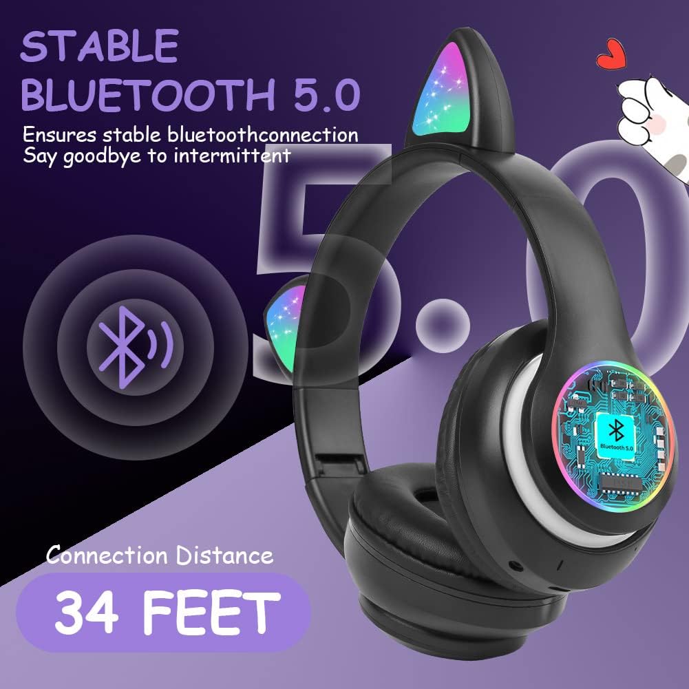 Thumbnail 1 de AXFEE Kinderkopfhörer Bluetooth mit Katzenohren, LED & Mikrofon – faltbare Over-Ear Stereo-Kopfhörer