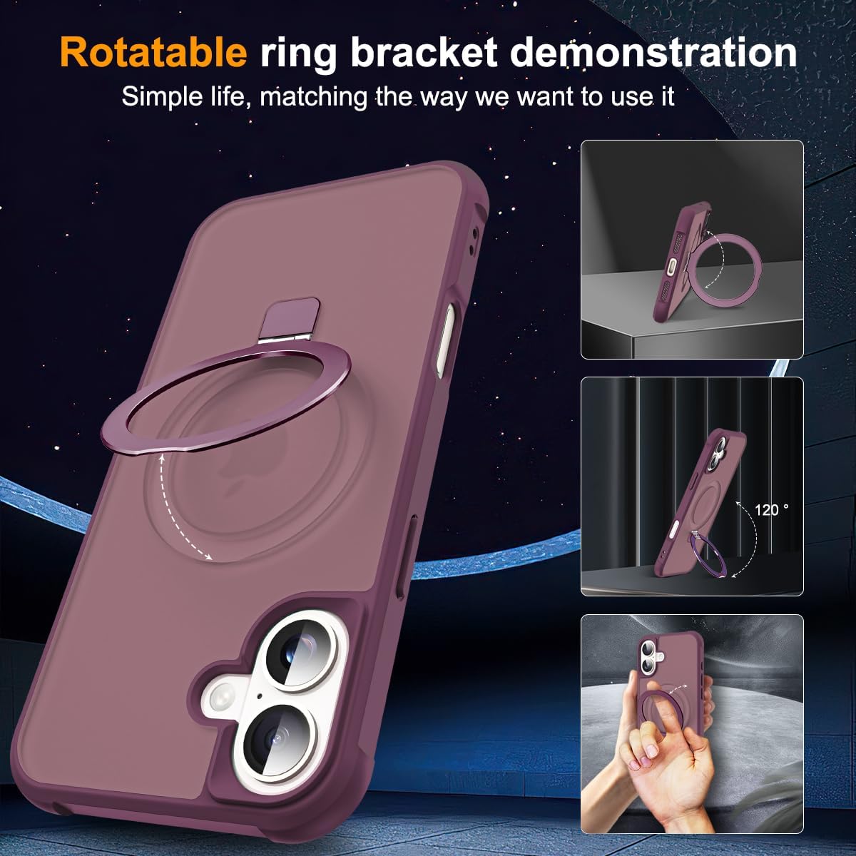 Thumbnail 1 de SKYLMW Compatible iPhone 16 Plus Case with Invisible Magnetic O-Ring Stand (Wine Red)
