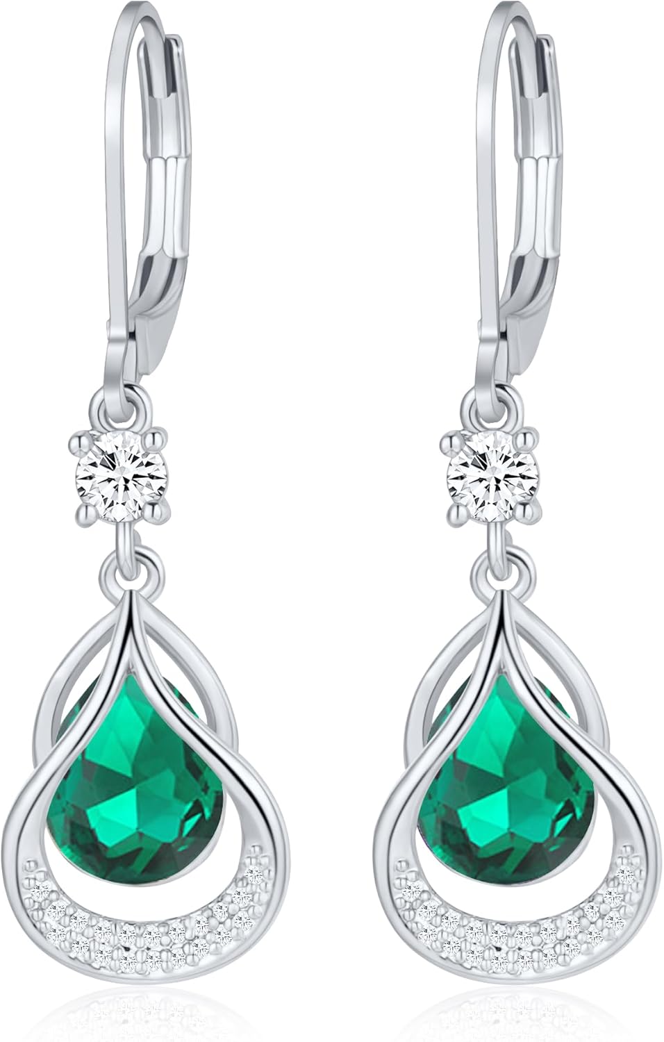 Thumbnail 6 de Gold Earring Trendy Leverback Birthstone Earrings in 14K White Gold Plating — Teardrop Dangle