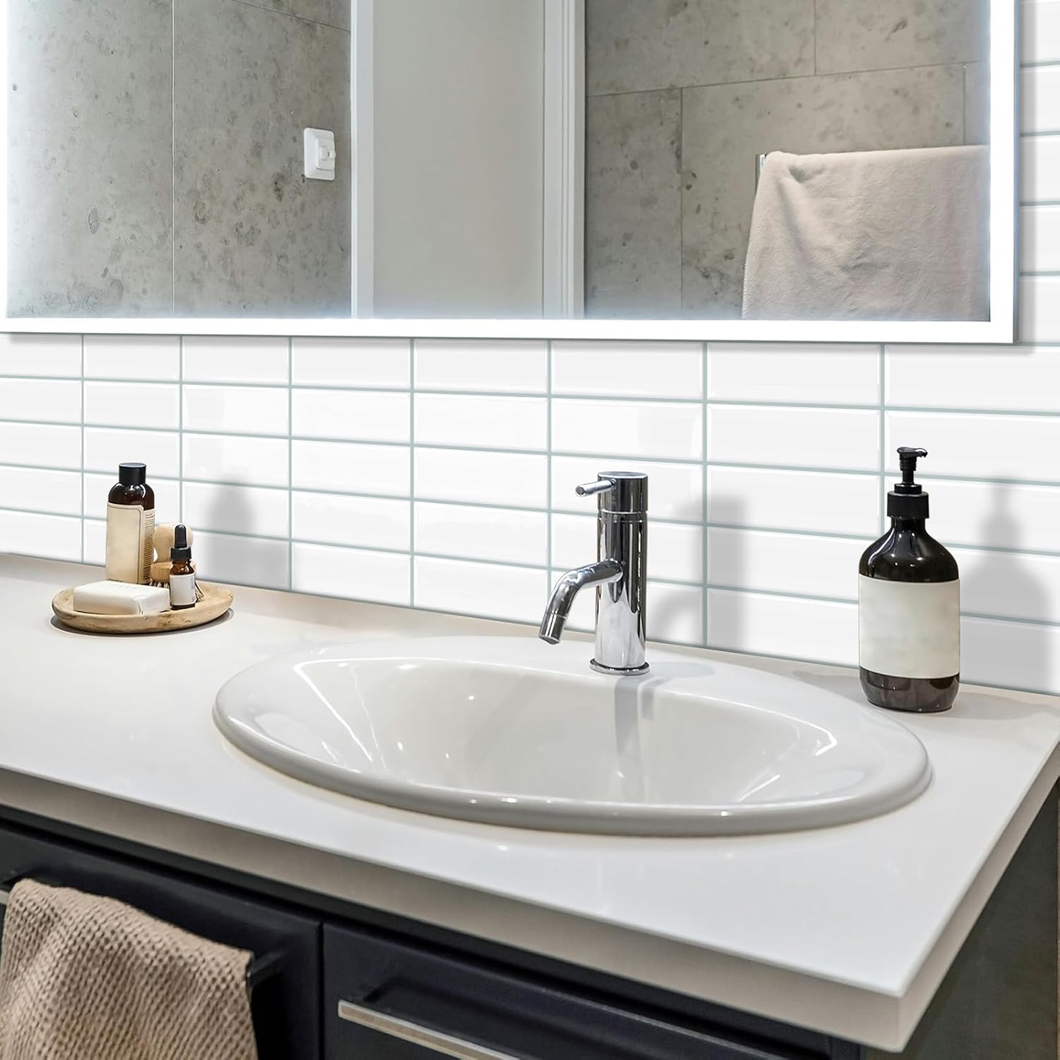 Thumbnail 2 de DEWOO lot de 10 carreaux adhésifs 3D pour mur et crédence (blanc, métro rectangulaire) 30,5 x 30,5 cm