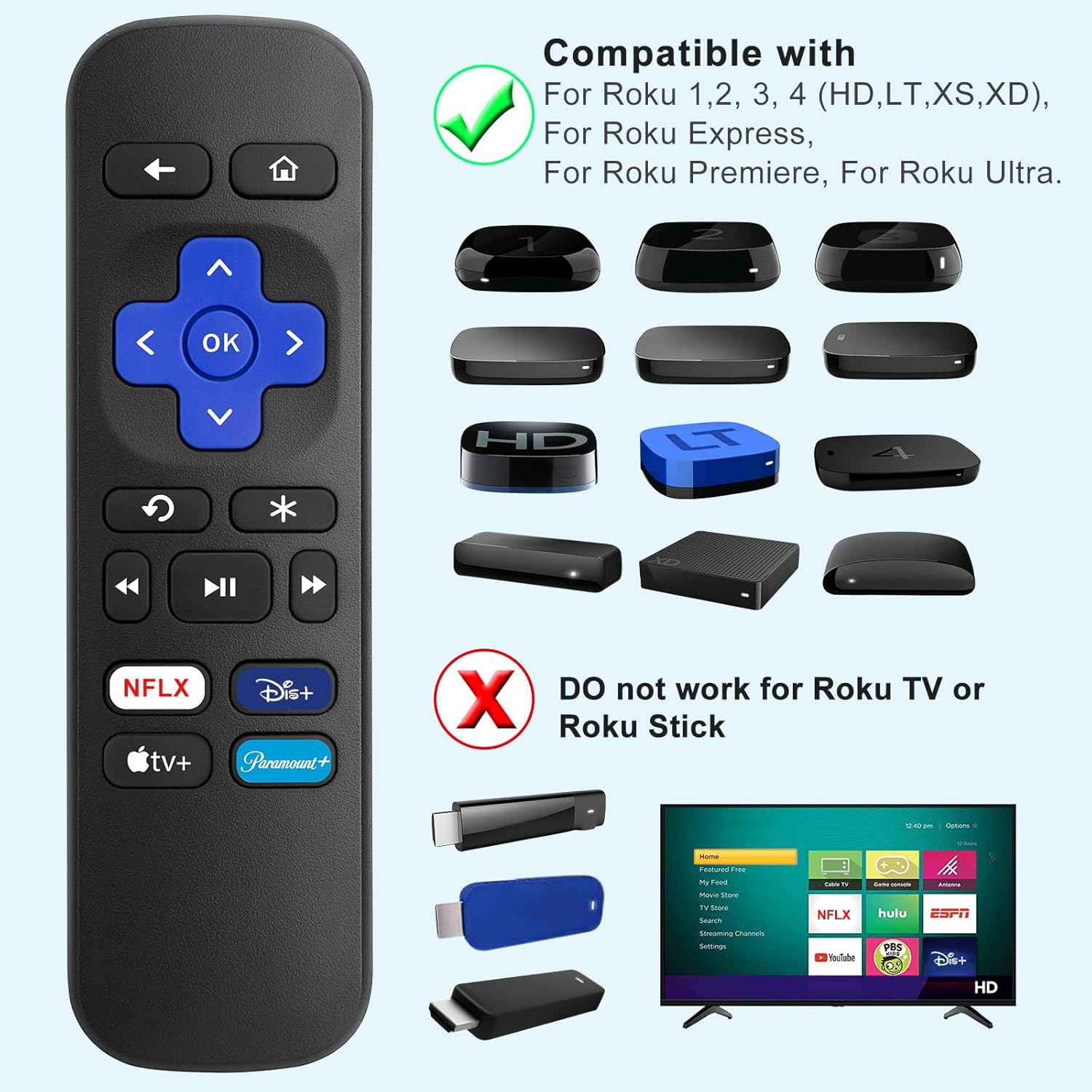 Thumbnail 1 de Pack of 2 Replacement Remote for Roku Box (Roku Express/Premiere/Players, Roku 1–4) — Not for Stick/TV/Game