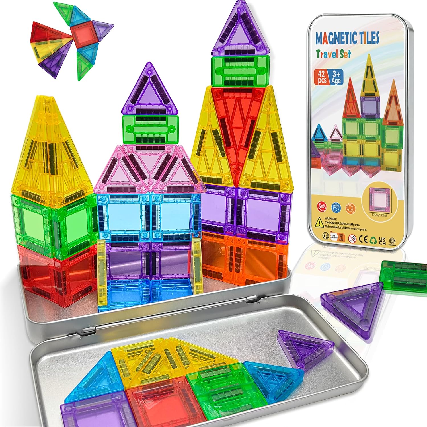 Detalle de Mini Magnetic Tiles Travel Set 42PCS: Compact, Educational Magnetic Building Blocks for 3+ Kids
