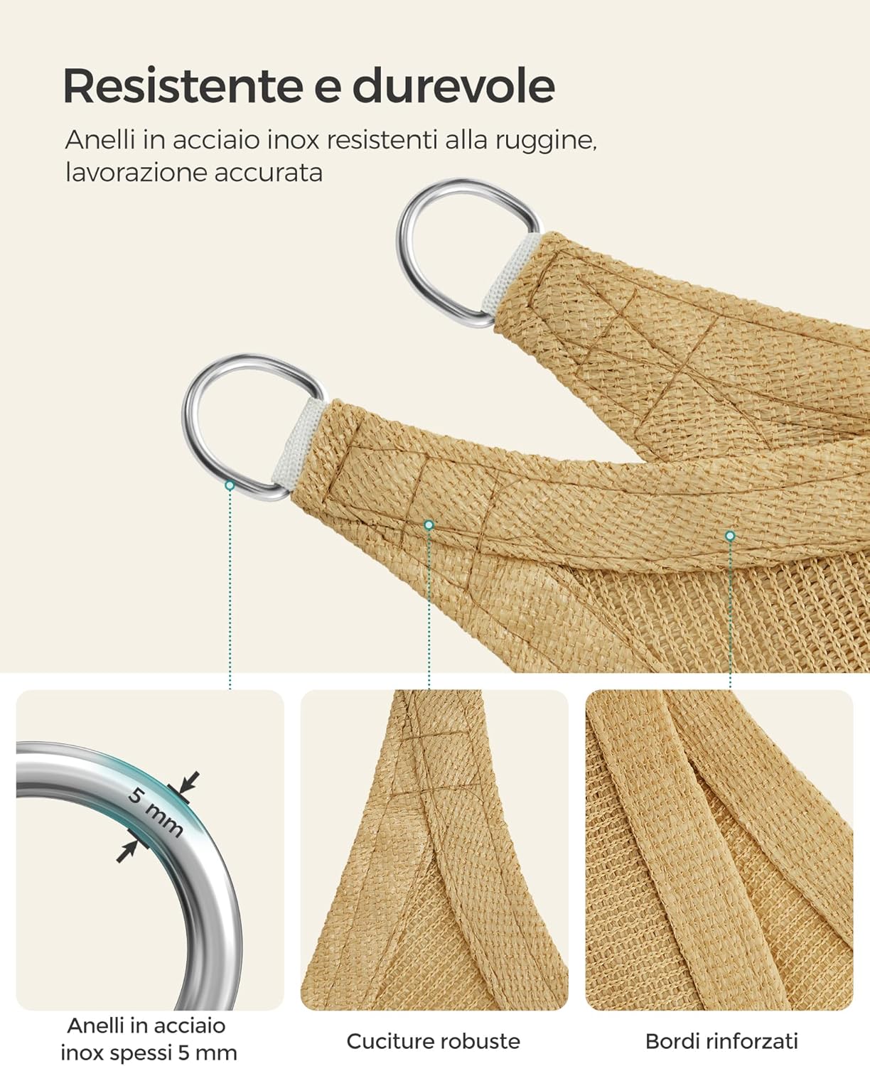 Thumbnail 3 de SONGMICS Vela parasole 3 x 5 m in tessuto HDPE Giallo Sabbia GSS35EYV1