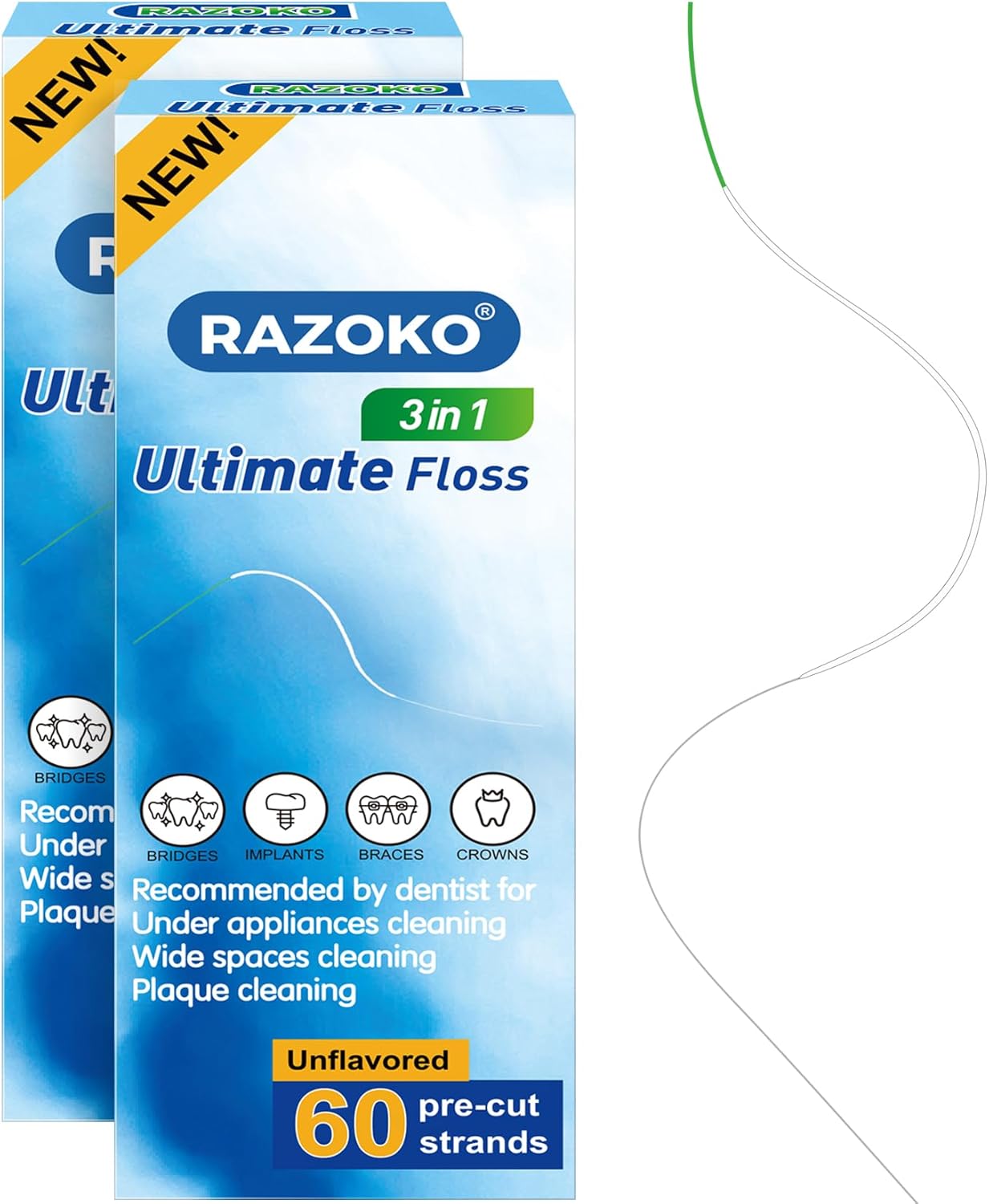 Detalle de RAZOKO 3-in-1 Floss for Braces, 120 Pre-Cut Strands (Pack of 2) – Spongy & Regular Floss for Bridges & Wide Gaps
