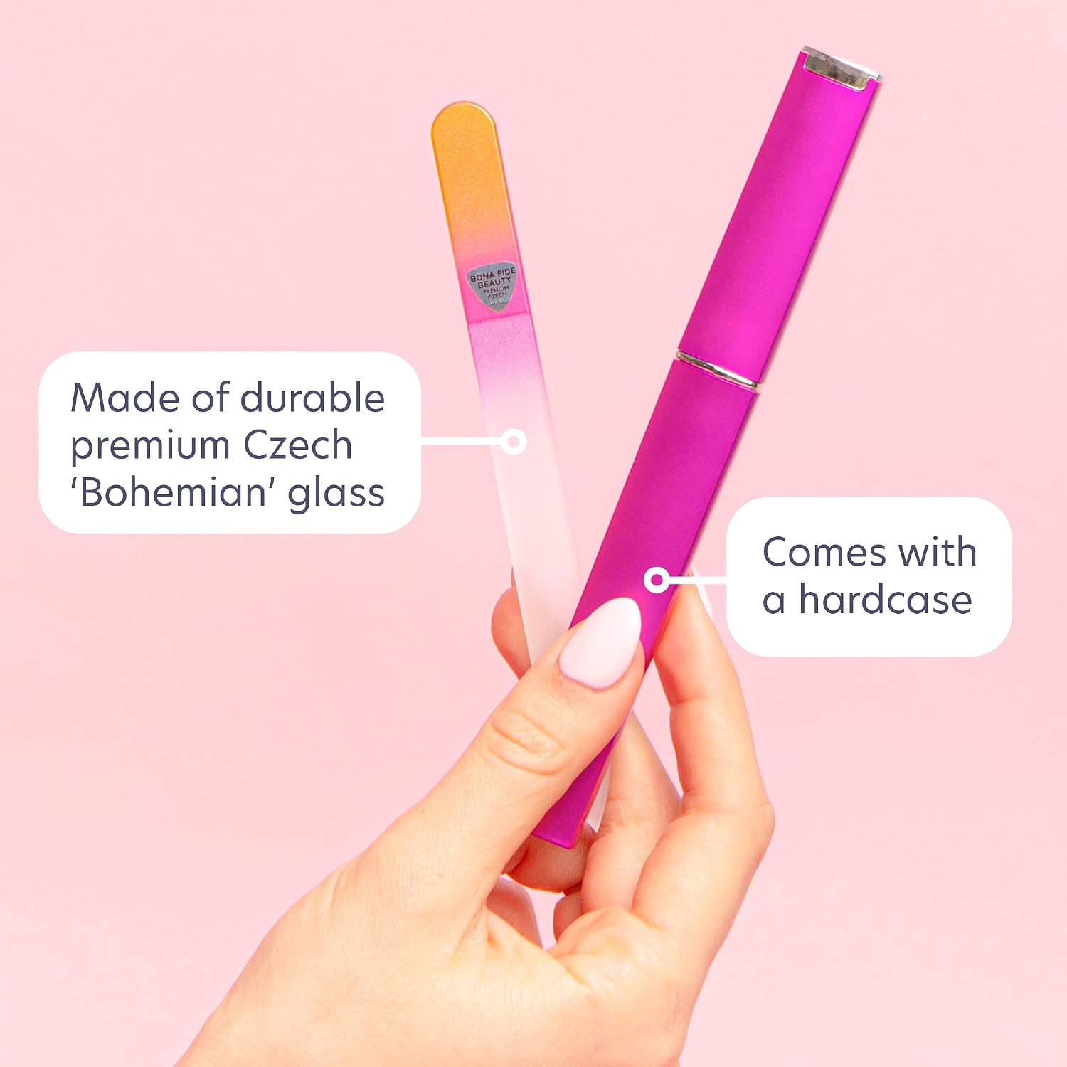 Detalle 2 de Bona Fide Beauty Glass Nail File with Case — Czech Glass, EU Made, Gold Magenta