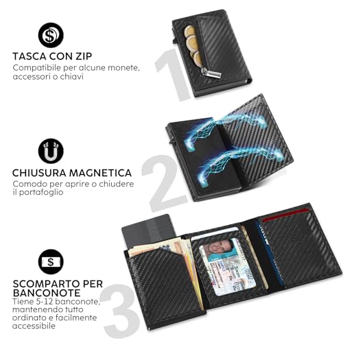 Thumbnail 3 de TENBST Portafoglio Uomo Slim Piccolo: protezione RFID, coperchio in fibra di carbonio e chiusura magnetica