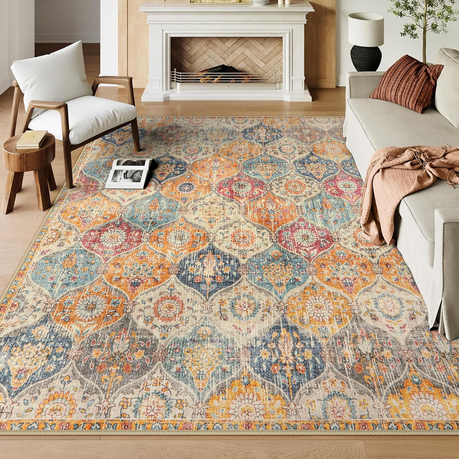 Detalle de Lahome 9' x 12' Moroccan Area Rug, Washable Low-Pile Faux Wool