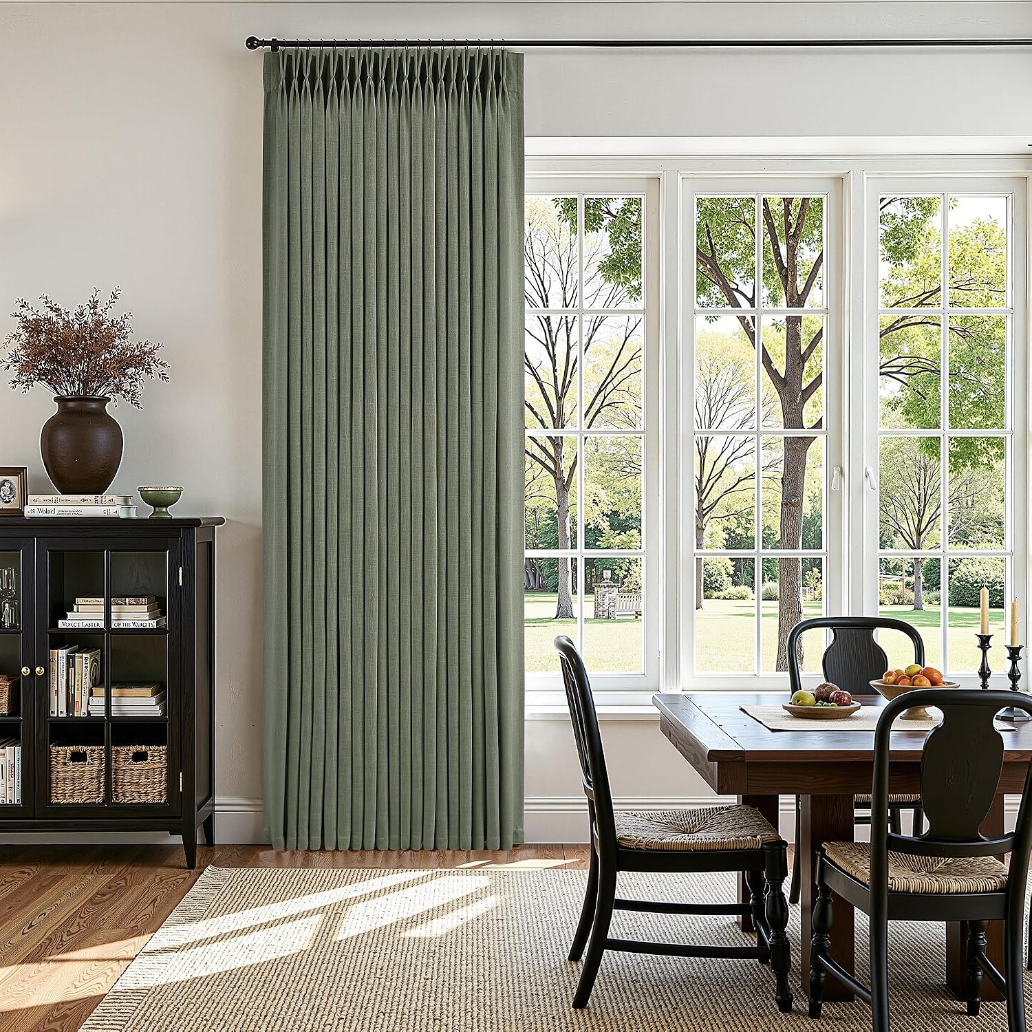 Detalle de COMON HOME Sage Green Pinch Pleated Linen Curtain (102 Inches) with Rings, Hooks, Clips, Back Tab – Light Filtering, Boho Farmhouse Style