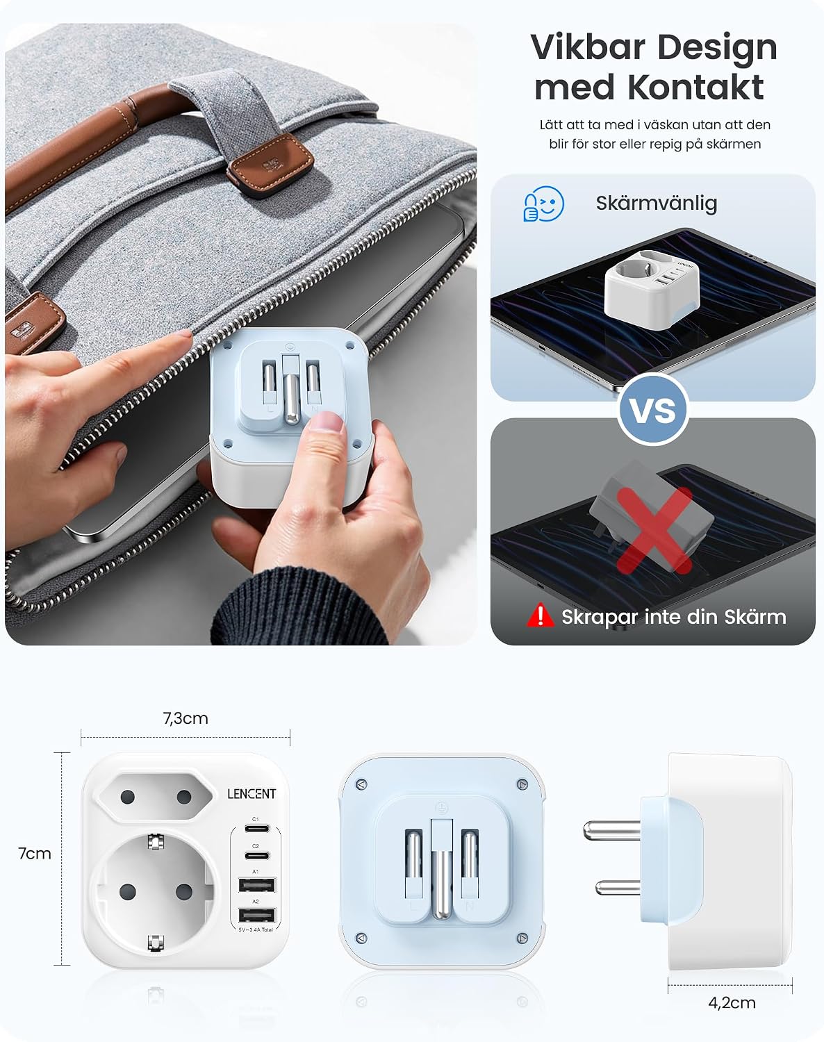 Detalle 2 de LENCENT IN reseadapter Typ D, vikbar med 2 USB-C och 2 USB-A