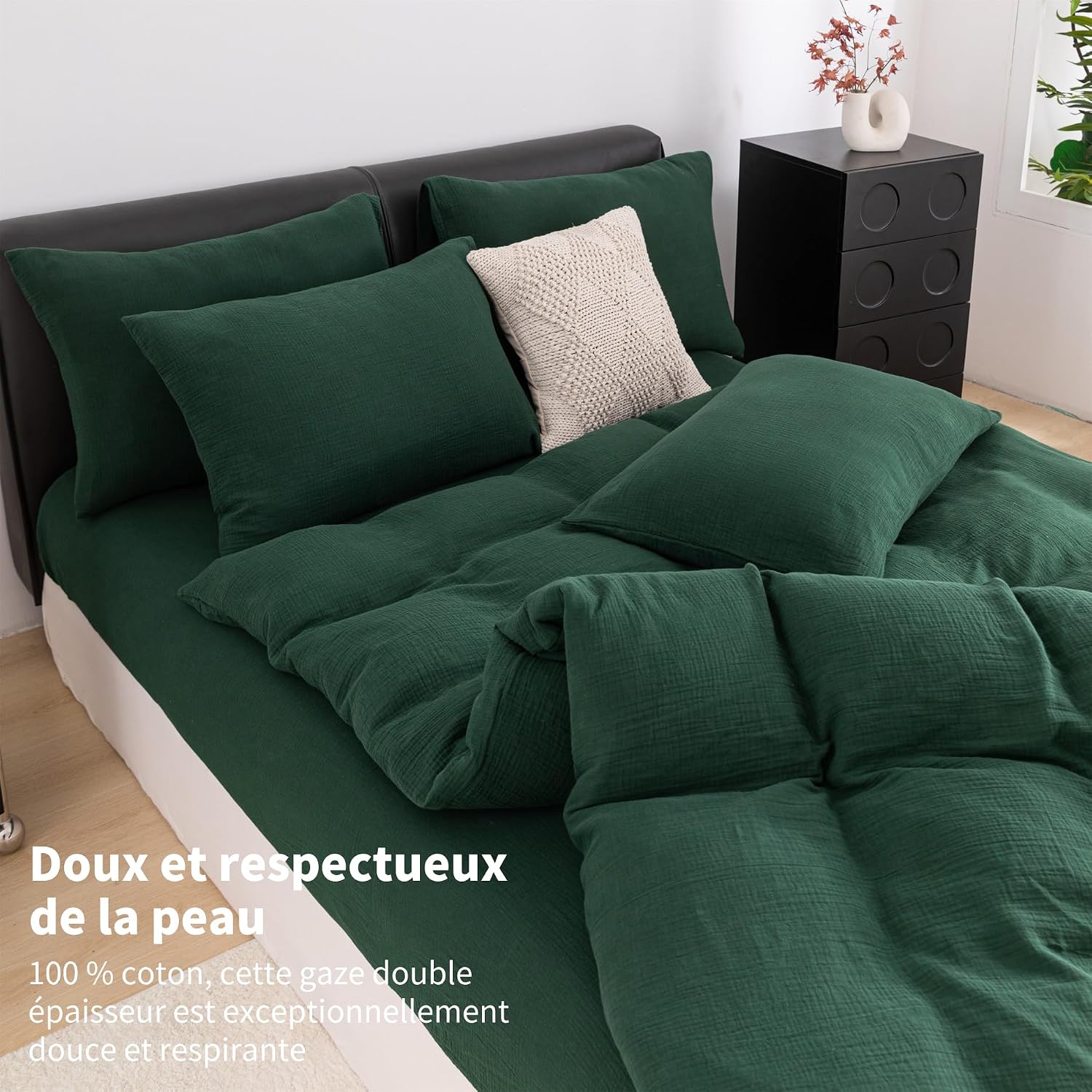 Detalle de YASMENG Parure de lit double en gaze de coton 220x240 vert foncé (housse de couette + taie 65x65 cm)