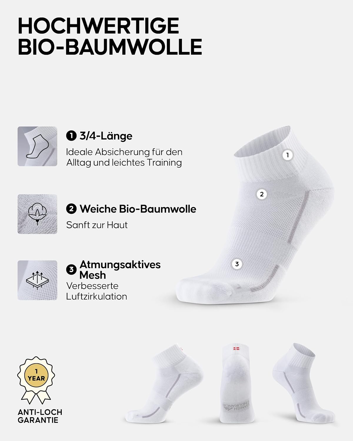 Detalle de DANISH ENDURANCE Kurze Sportsocken aus Bio-Baumwolle – unisex, gepolstert, atmungsaktiv (3│6er Pack)