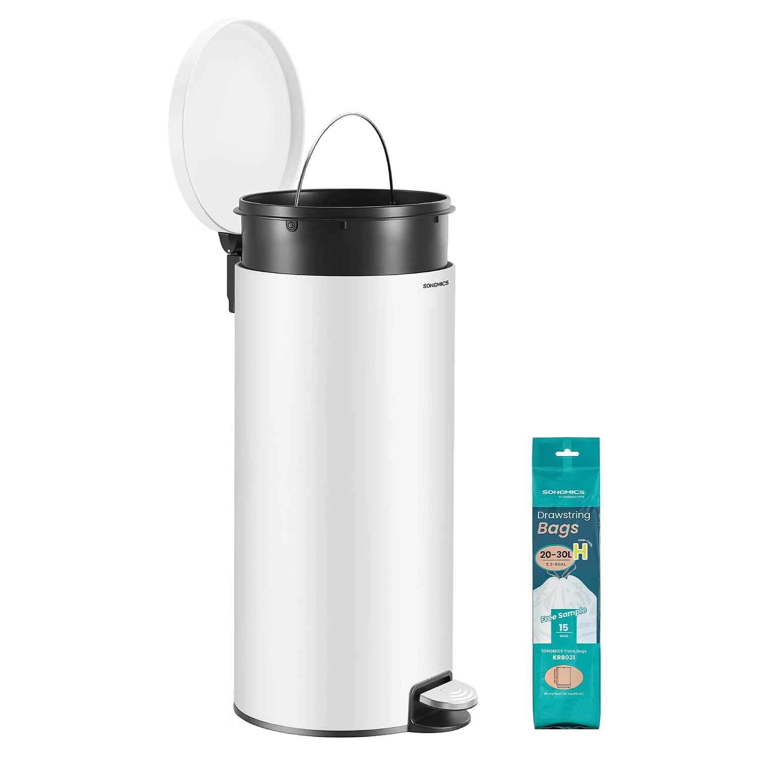 Detalle de SONGMICS LTB031WZ02 30L Steel Pedal Bin with Soft-Close Lid, Cloud White