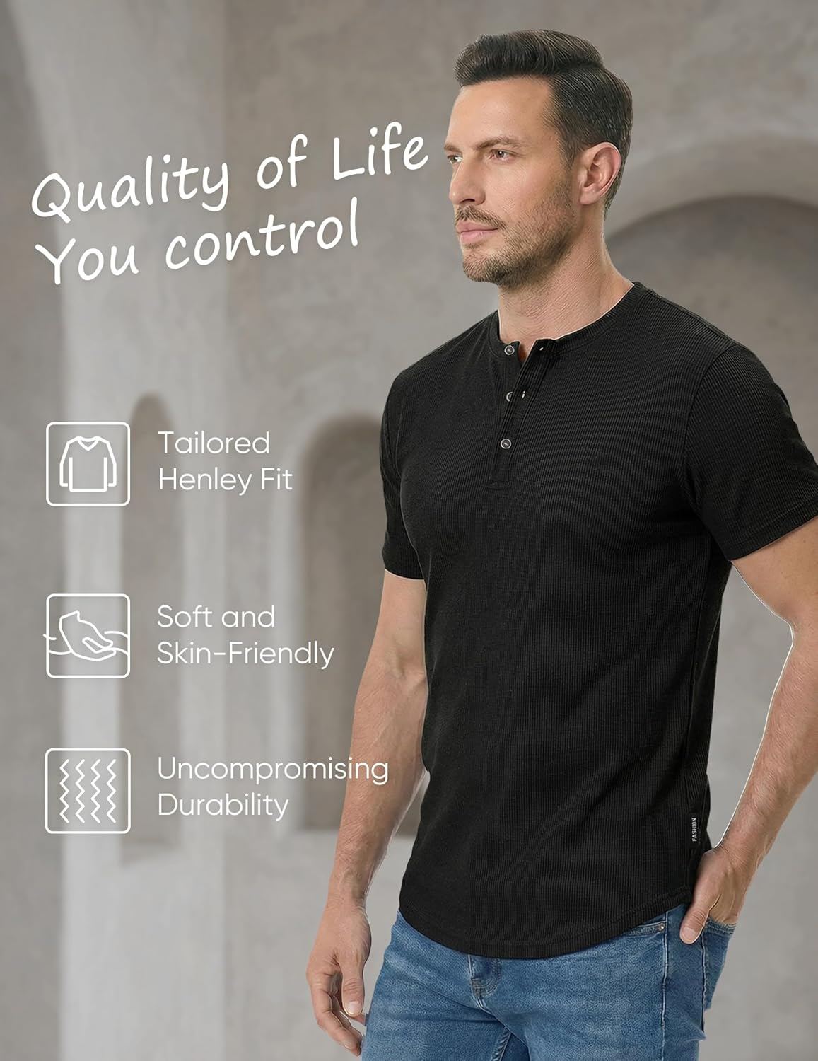 Thumbnail 4 de JMIERR Men's Muscle Slim Henley Shirts – Crewneck Longline Tee for Gym & Everyday Wear