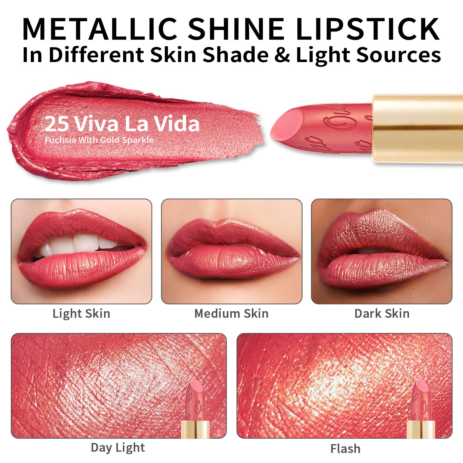 Thumbnail 3 de OULAC Lippenstift Metallic Glanz Finish Fuchsie Glitzer (Viva La Vida) – 3D-Glanz, cremig, vegan