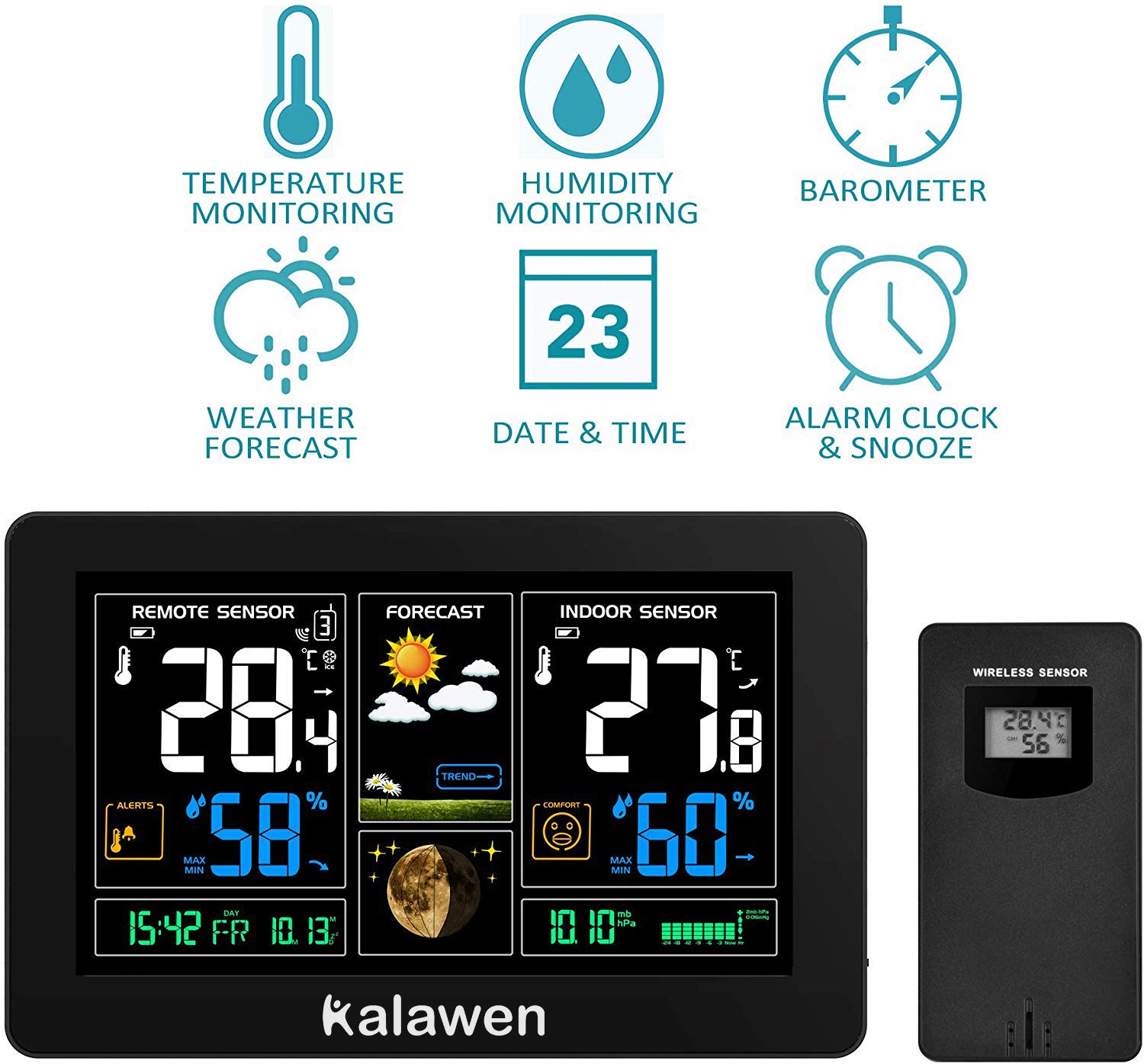 Thumbnail 1 de Kalawen Wetterstation 9-in-1 mit Außensensor: Funk, Barometer, Uhr, Alarm und mehr