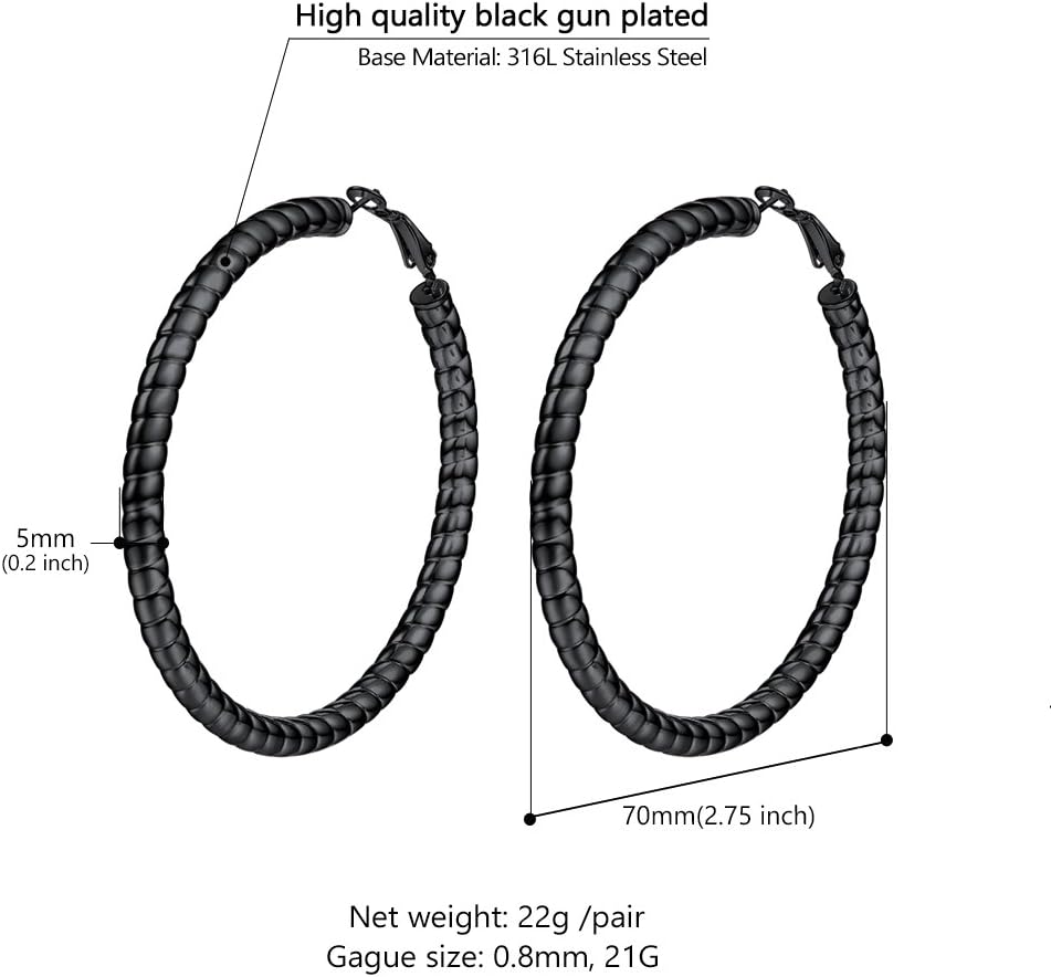 Thumbnail 2 de PROSTEEL Boucles d’oreilles créoles filetées en acier inoxydable 316L plaqué noir (diamètre 70 mm)