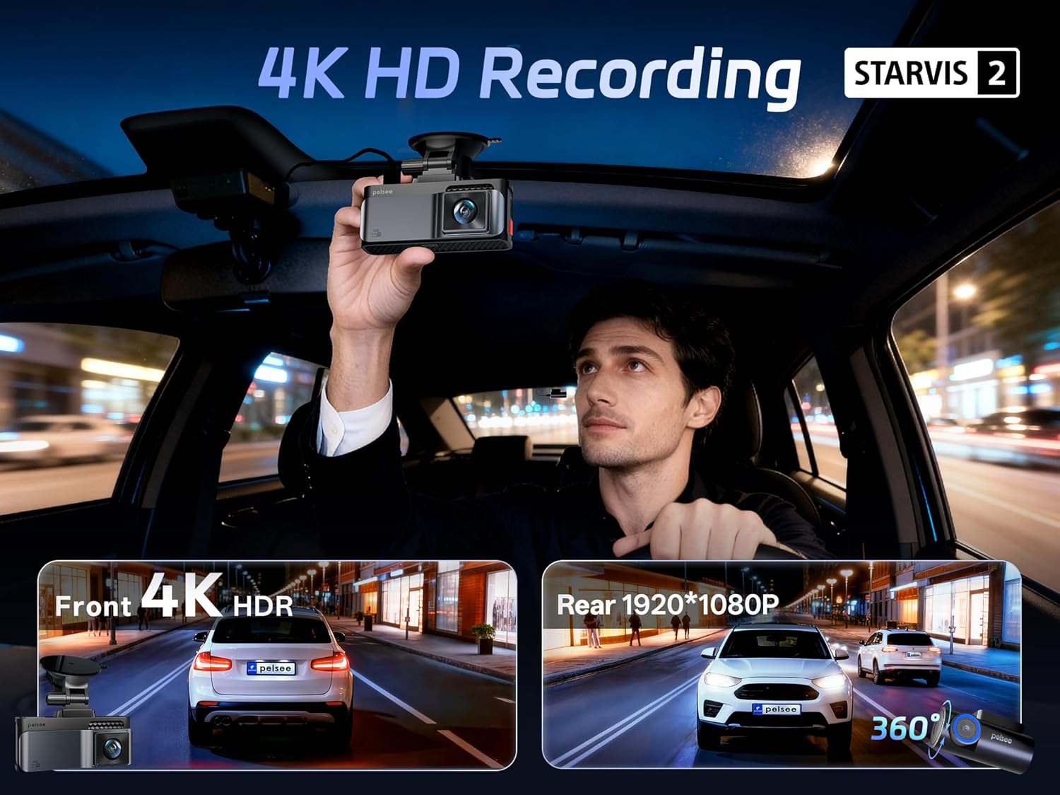 Detalle 2 de Pelsee S3 Touch 4K Dash Cam Front and Rear with STARVIS 2, Night Vision, WiFi 6, ADAS, 128GB Included