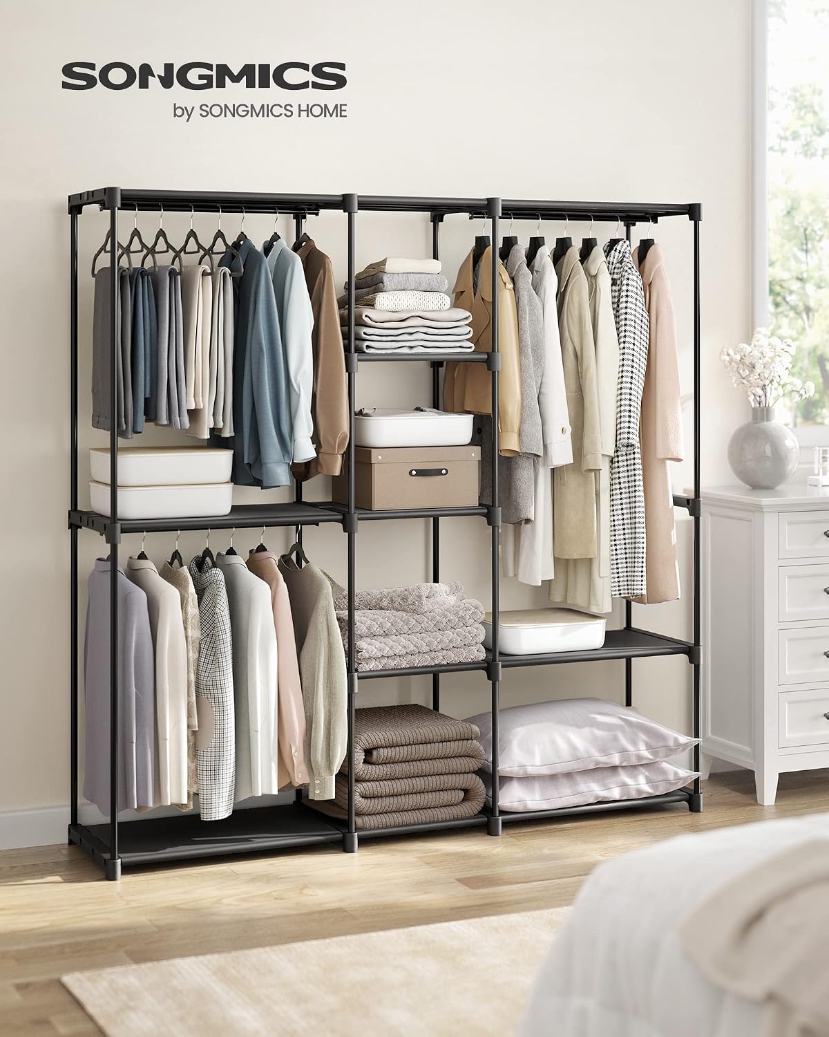 Detalle de SONGMICS Armadio autoportante con barre appendiabiti e ripiani in tessuto, 182 x 43 x 182 cm, Nero Inchiostro (RYG037B02)