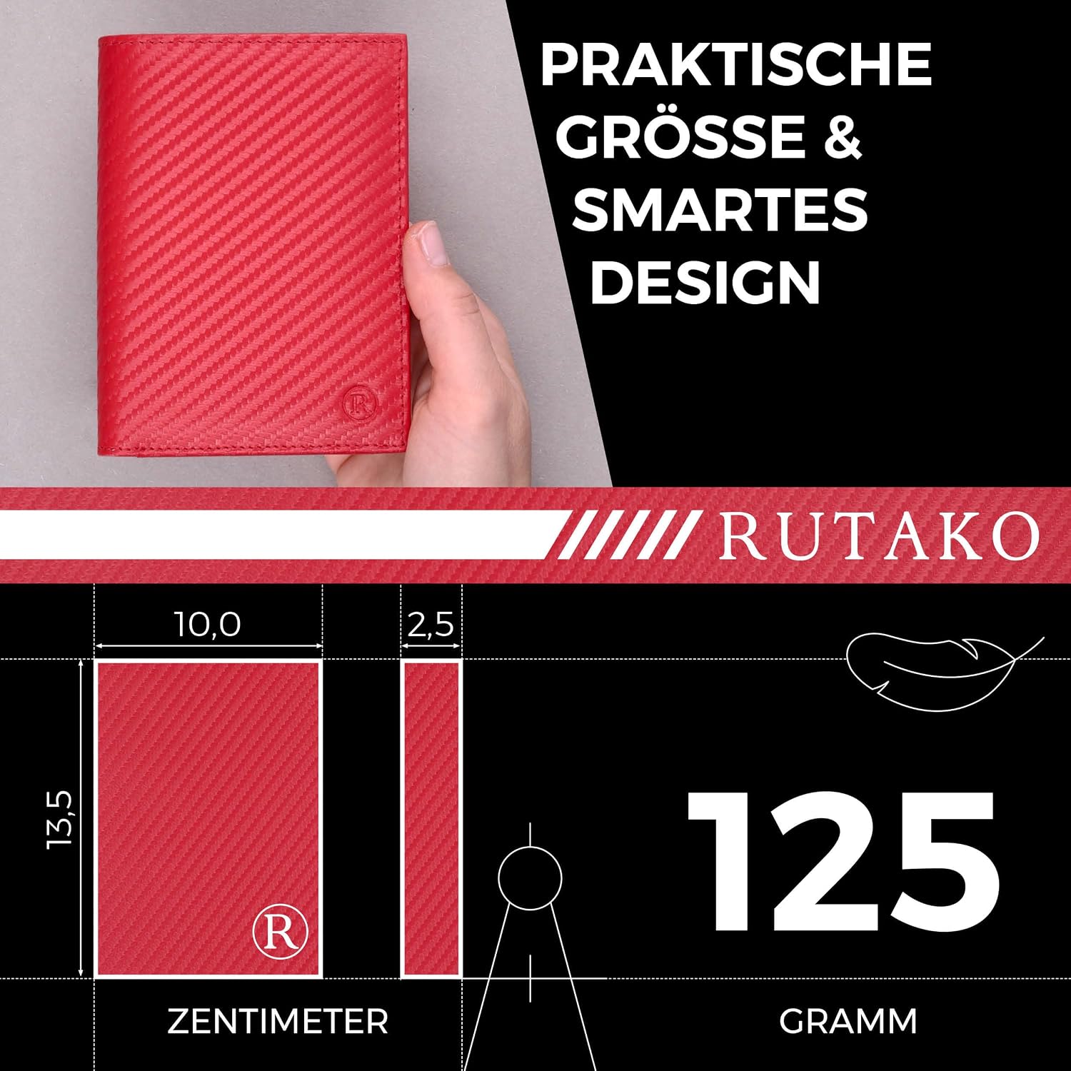 Thumbnail 4 de RUTAKO Herren-Leder-Geldbörse mit RFID-Schutz, Querformat mit Münzfach und 12 Fächern (Carbon-Rot)