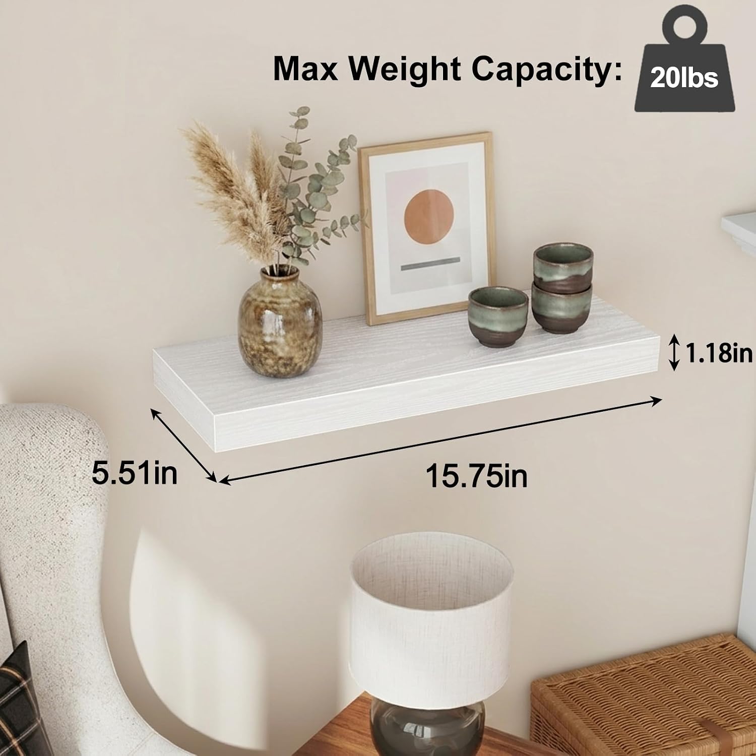 Detalle de Fixwal White Floating Wall Shelves (Set of 4) with Invisible Brackets, 15.8in Rustic Wood Finish