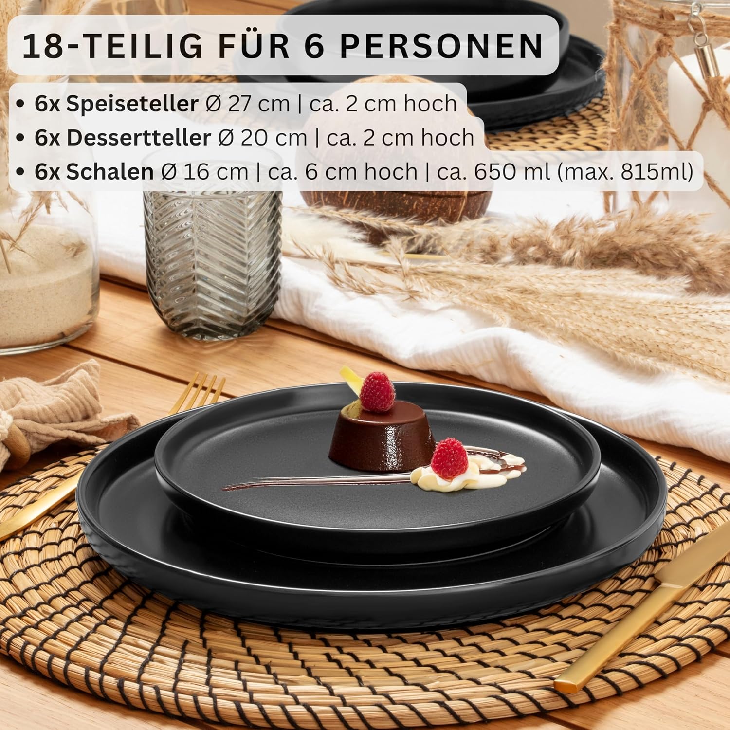 Detalle 2 de SÄNGER Madeira 18-tlg Geschirrset schwarz 🍽