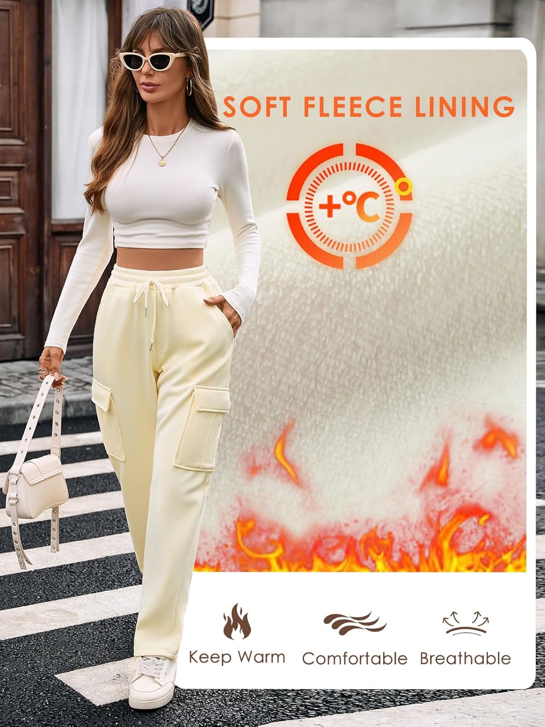 Thumbnail 2 de Kfnire Damen Thermohose Winter mit Cargotaschen, elastischer High-Waist und dünnem Fleecefutter