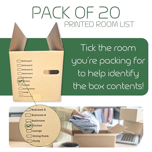 Detalle de Moving Boxes x 20 Large Strong Cardboard Boxes by W.E. Roberts – 45.7 x 28.8 x 28.8 cm, with Handles and Room List